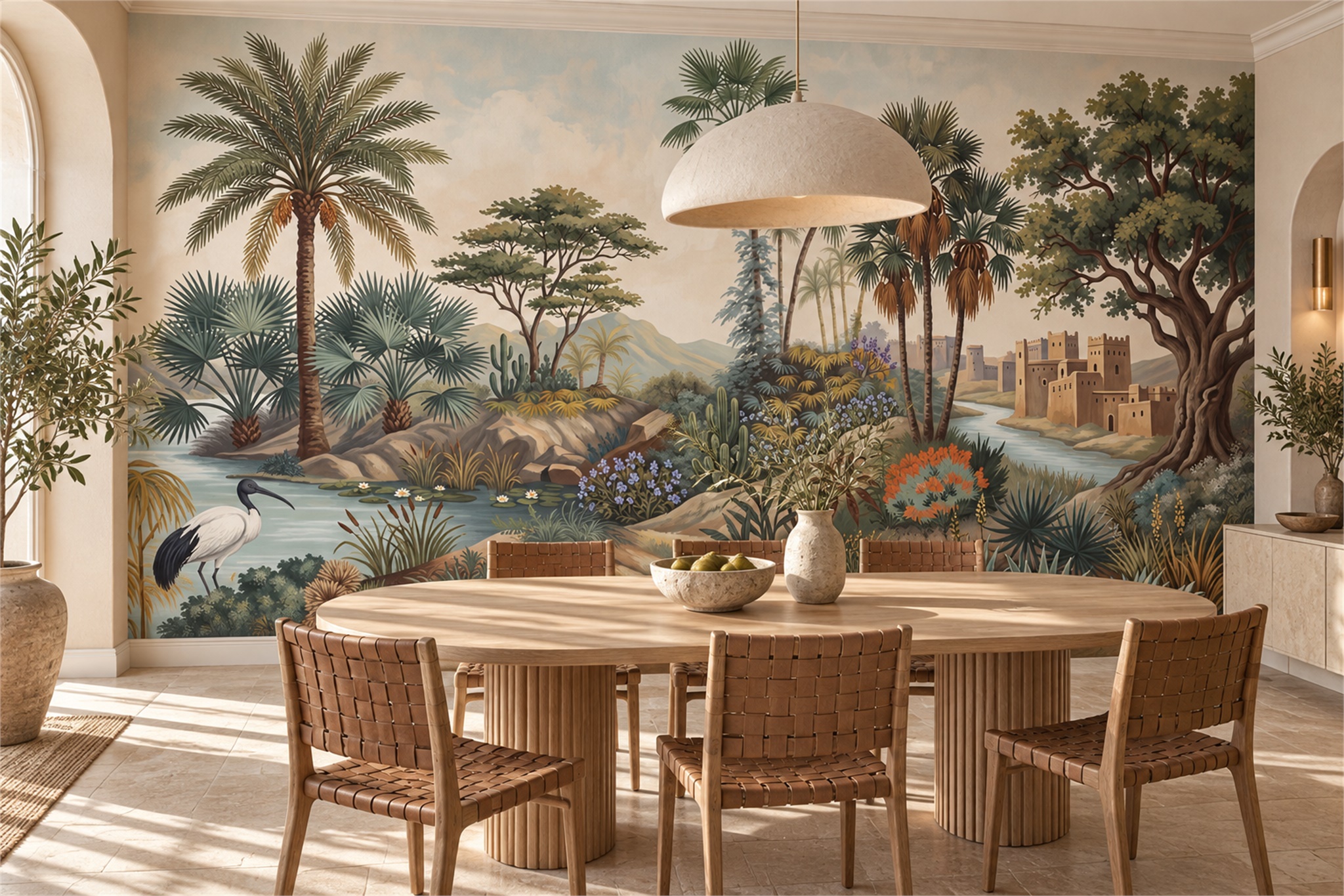 Green Pattern Decorative Painterly Wallpaper Mural Dining-room-wallpaper-murals, Shown In A Dining Room, Peel-and-stick Finish