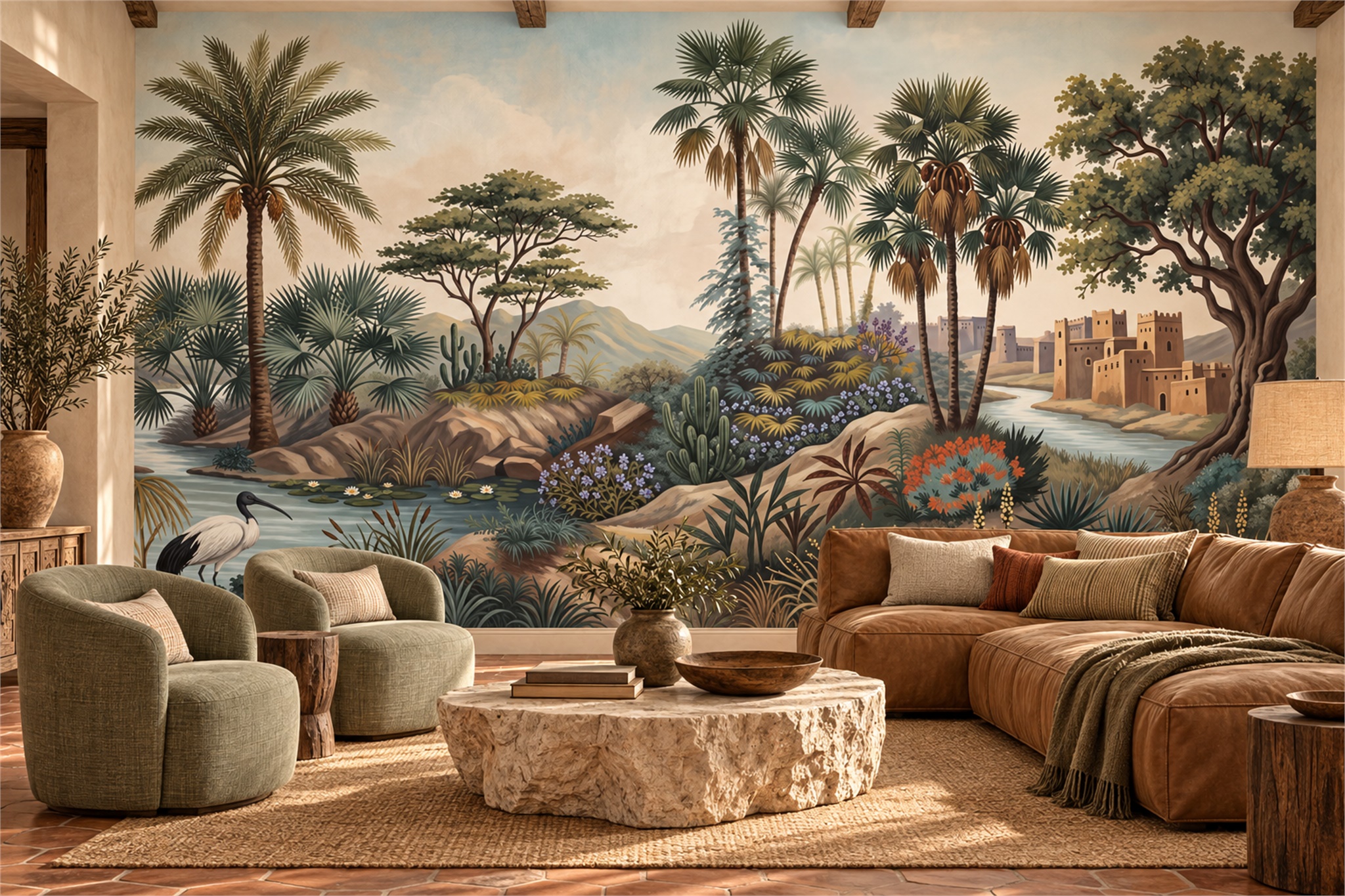 White Ibis At A Palm-lined Oasis With Sandstone Fort Wallpaper Mural — Wallpaper Mural Design, Peel-and-stick Finish