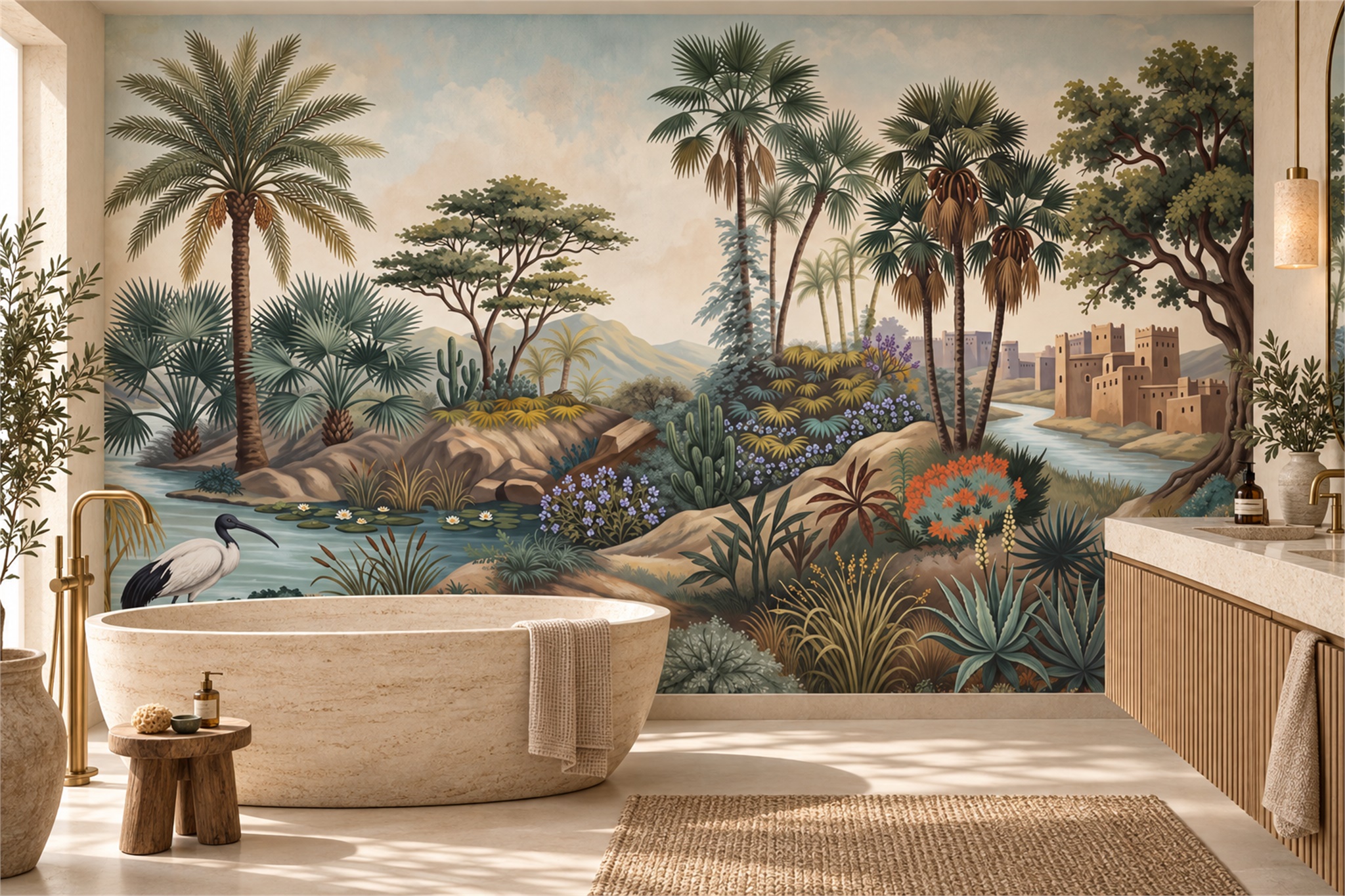 Green Pattern Decorative Painterly Wallpaper Mural Bathroom-wallpaper-murals, Peel-and-stick Finish