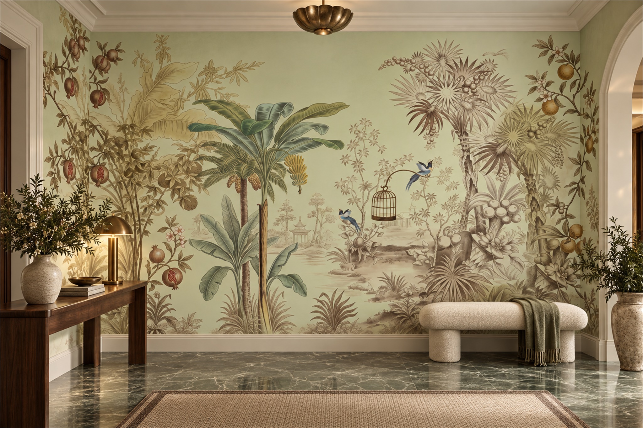 Sage Pattern Decorative Bird Wallpaper Mural Entryway-wallpaper-murals, Peel-and-stick Finish