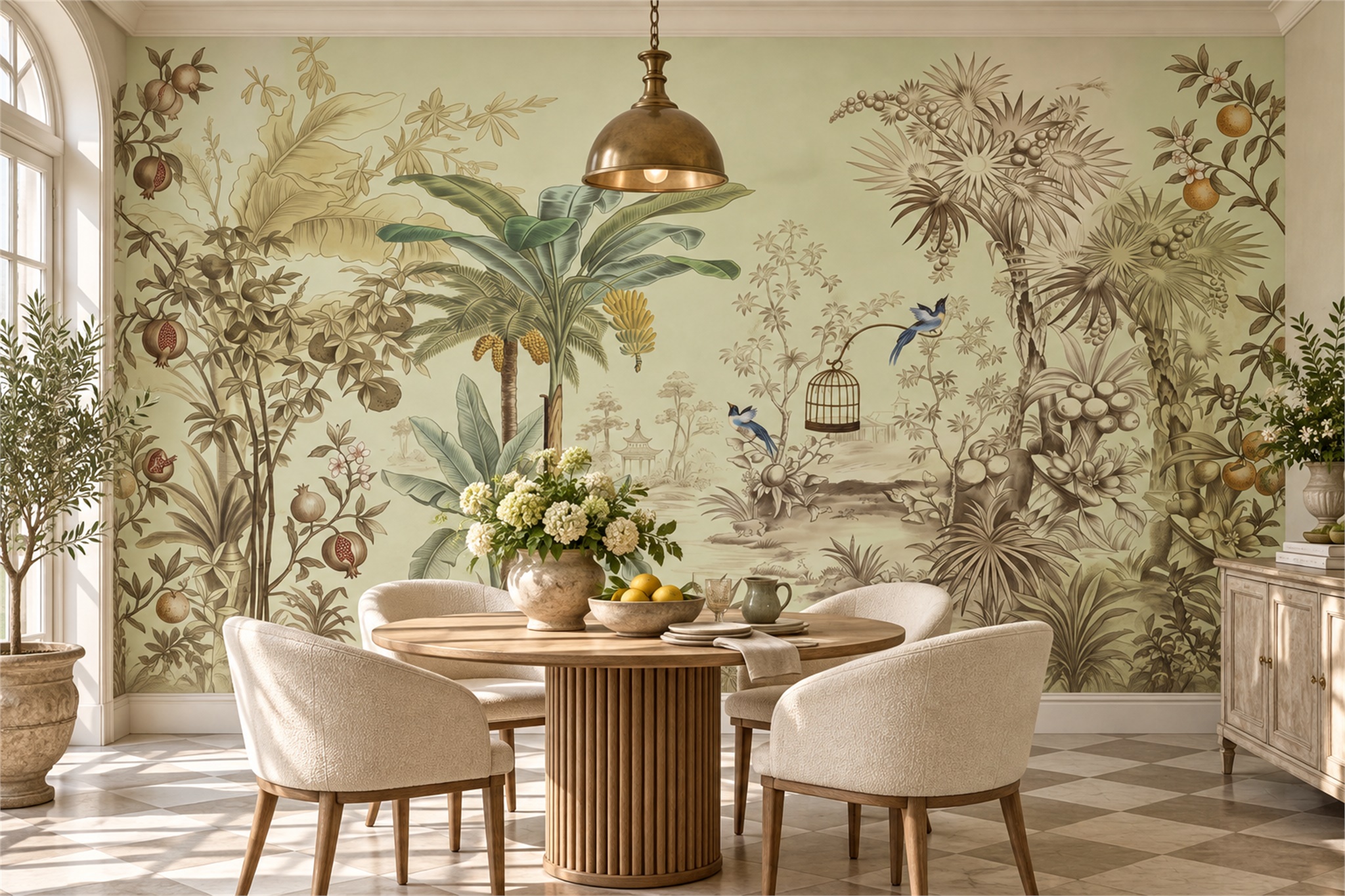Sage Garden With Birdcage, Songbirds And Fruit Branches Wallpaper Mural — Wallpaper Mural Design, Peel-and-stick Finish