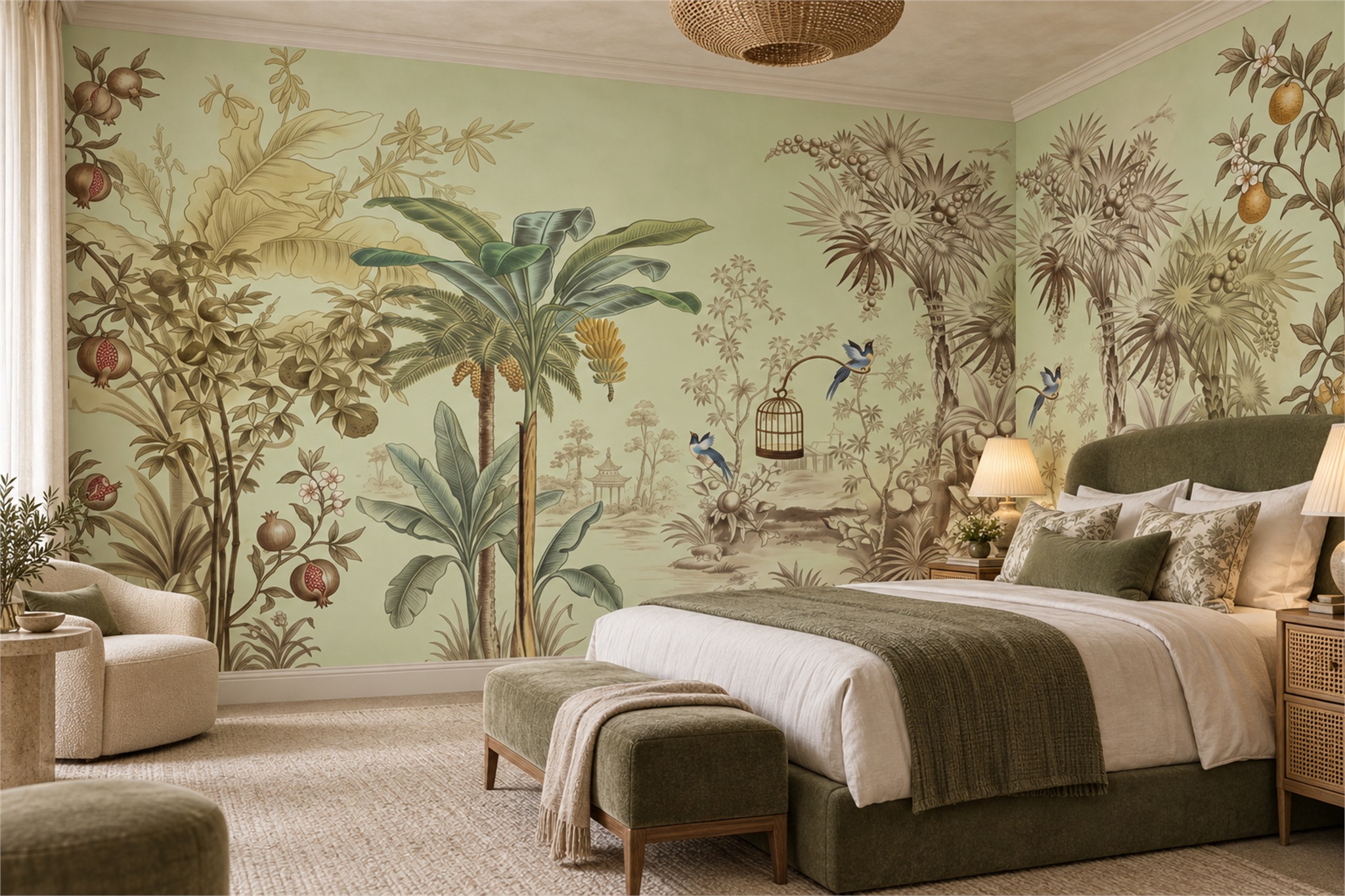 Sage Pattern Decorative Bird Wallpaper Mural Bedroom-wallpaper-murals, Peel-and-stick Finish