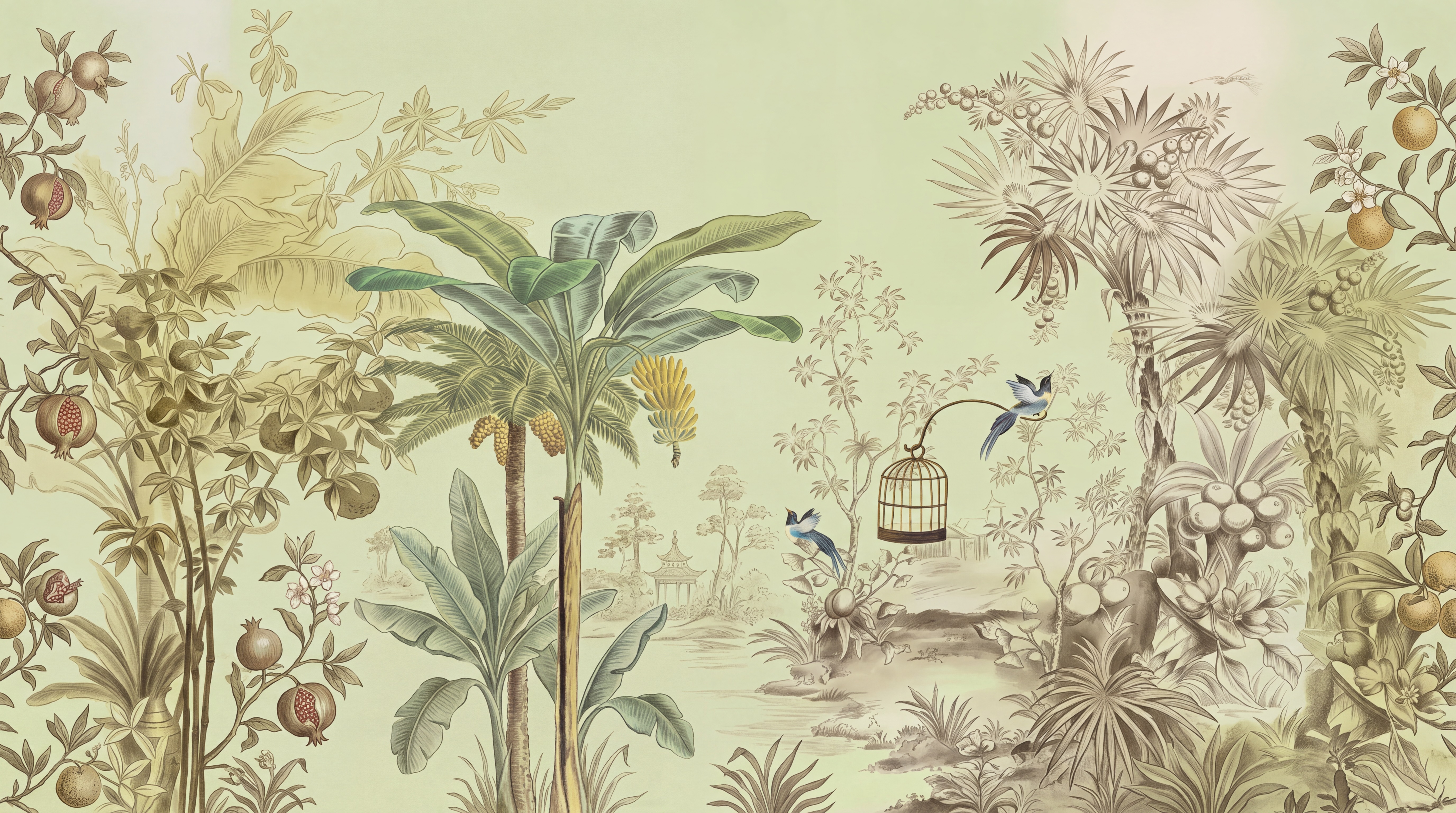Sage Pattern Decorative Bird Wallpaper Mural, Peel-and-stick Finish