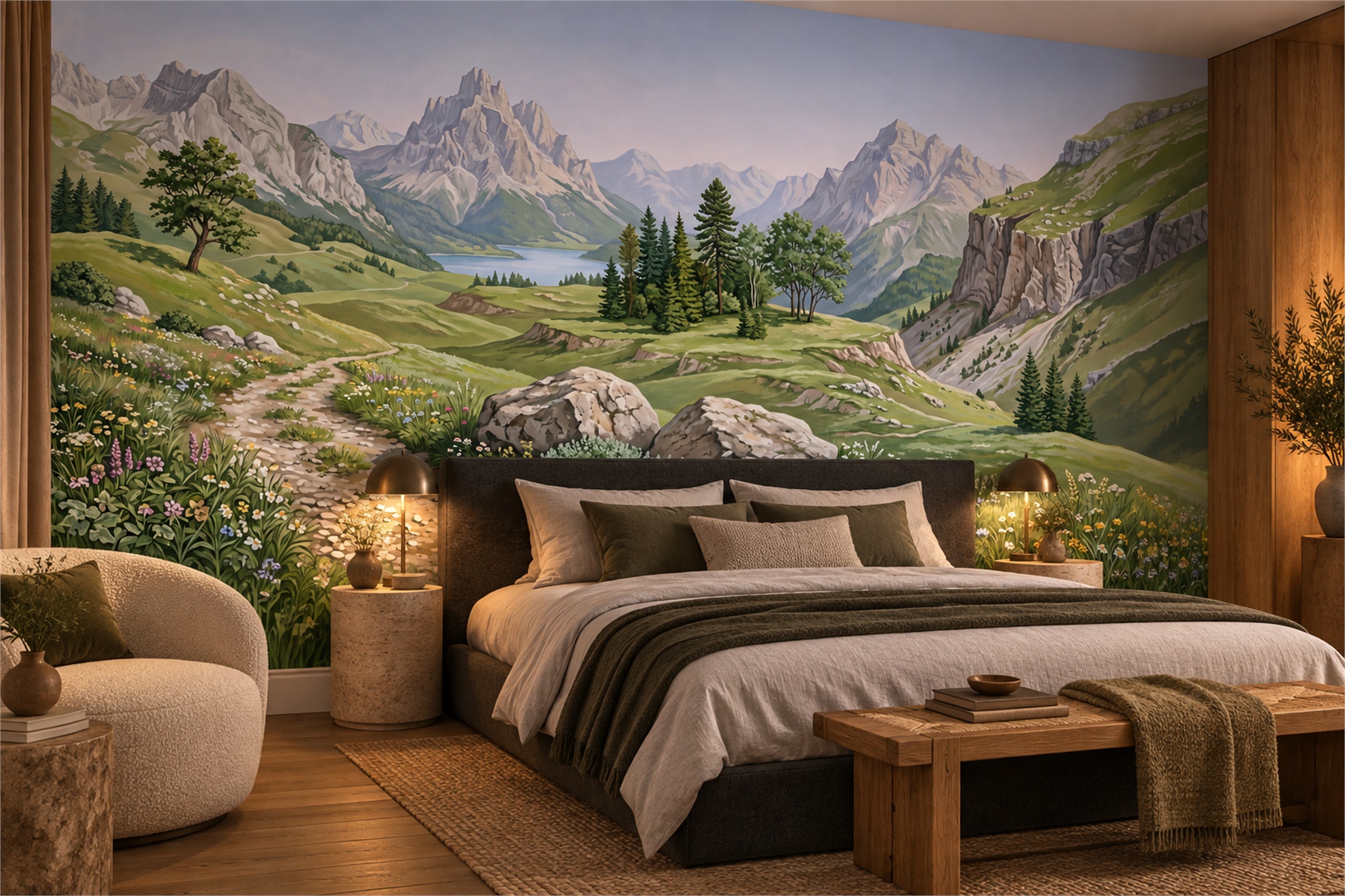 Green Alpine Scenic Wallpaper Mural Bedroom-wallpaper-murals, Peel-and-stick Finish