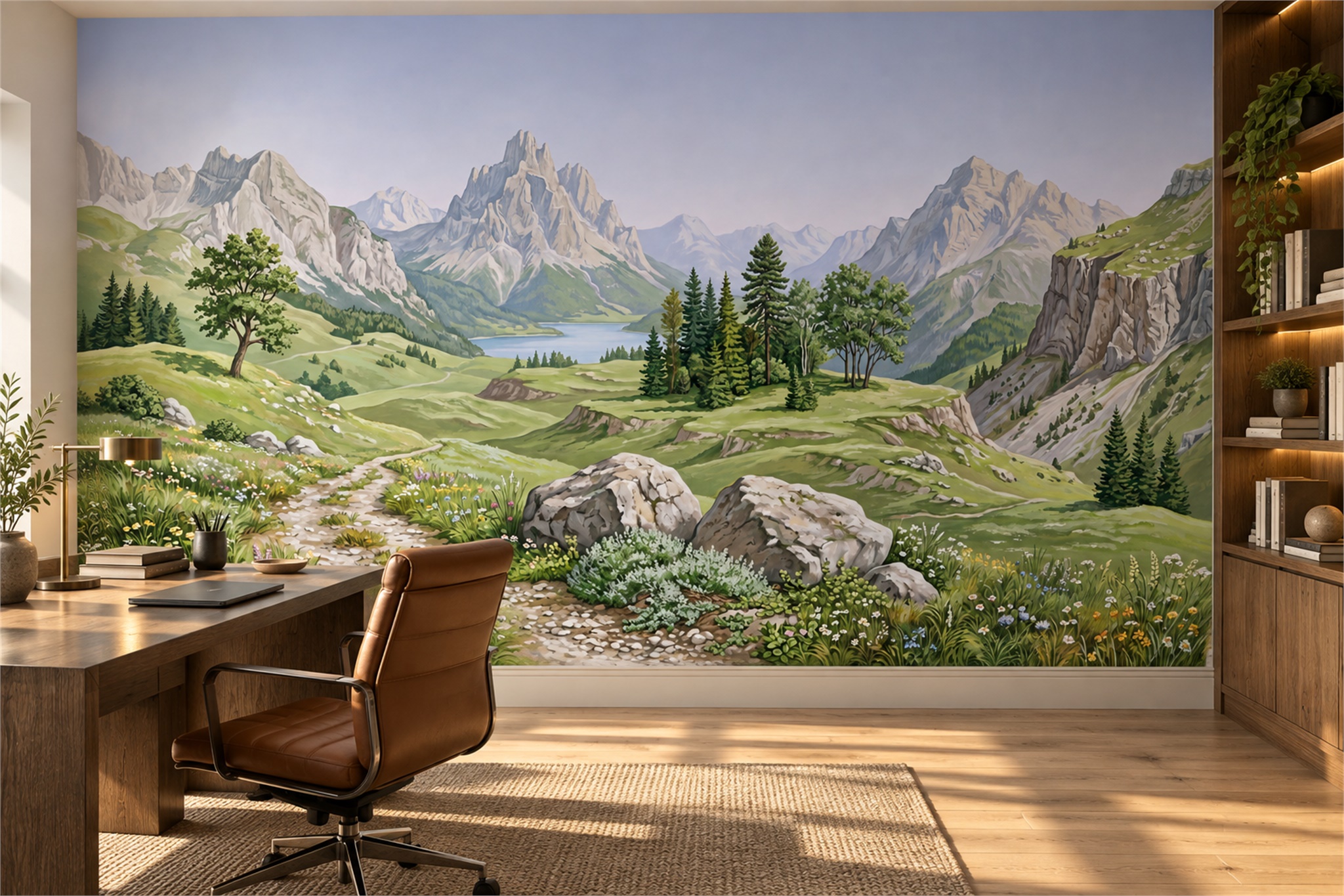 Green Alpine Scenic Wallpaper Mural Home-office-wallpaper-murals, Peel-and-stick Finish