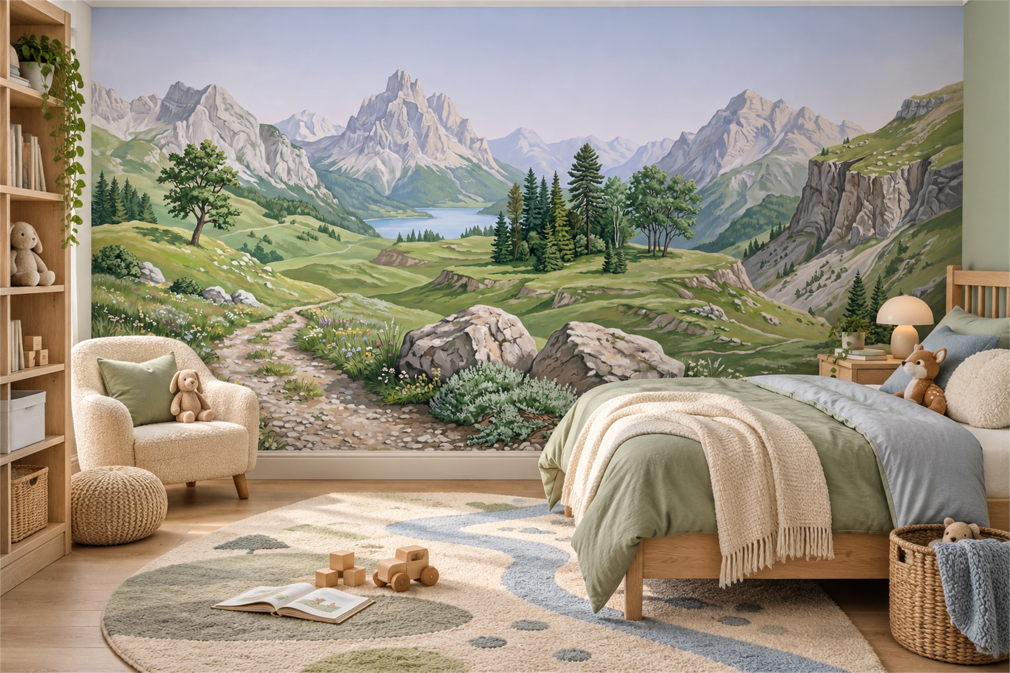 Green Alpine Scenic Wallpaper Mural Bedroom-wallpaper-murals, Peel-and-stick Finish