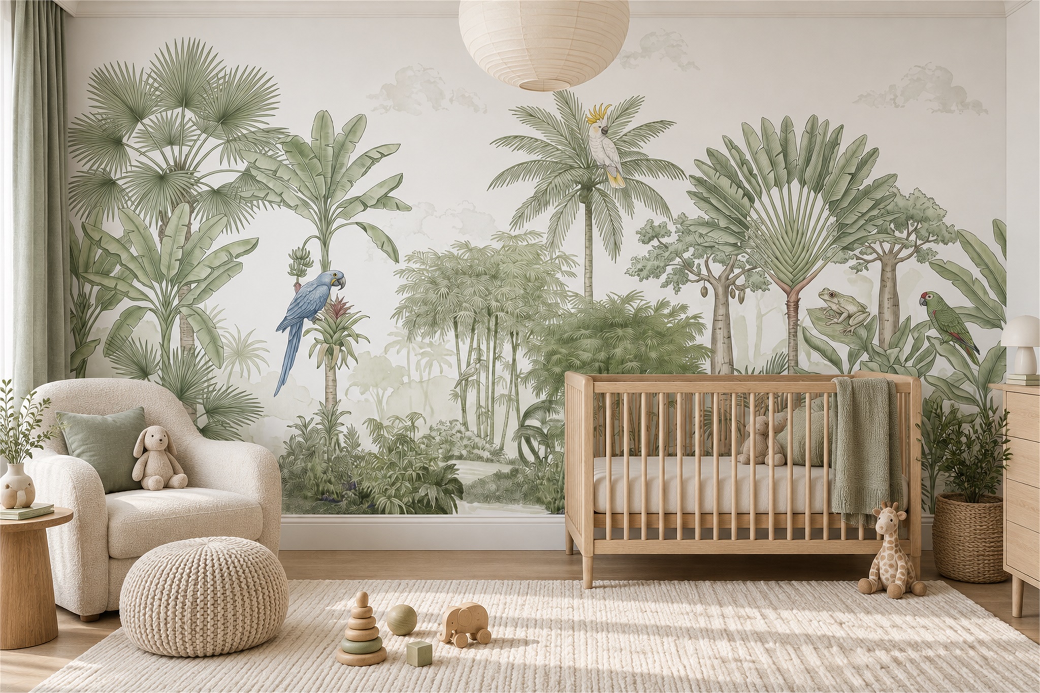 Sage Tropical Artful Layered Wallpaper Mural Nursery-wallpaper-murals, Peel-and-stick Finish