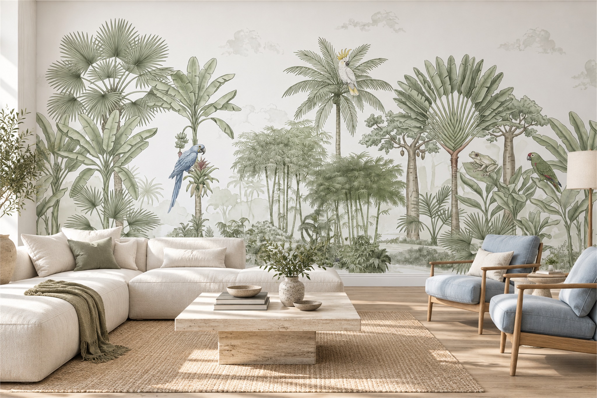 Sage Tropical Palms With Parrots And Tree Frog Wallpaper Mural — Wallpaper Mural Design, Peel-and-stick Finish
