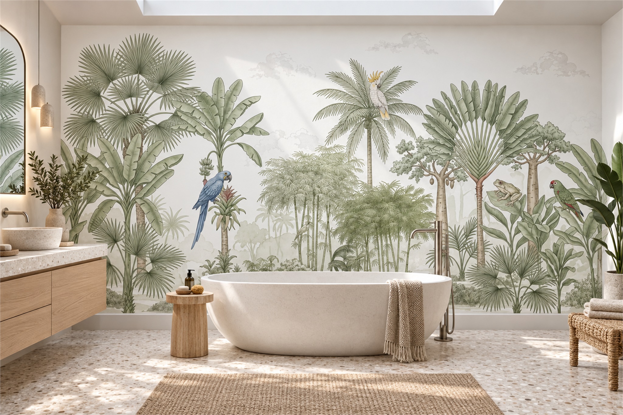 Sage Tropical Artful Layered Wallpaper Mural Accent-wall-wallpaper-murals, Peel-and-stick Finish
