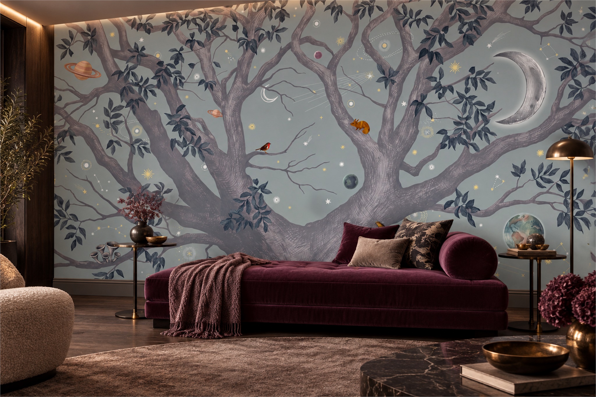 Blue Tree Scenic Wallpaper Mural Bedroom-wallpaper-murals, Peel-and-stick Finish