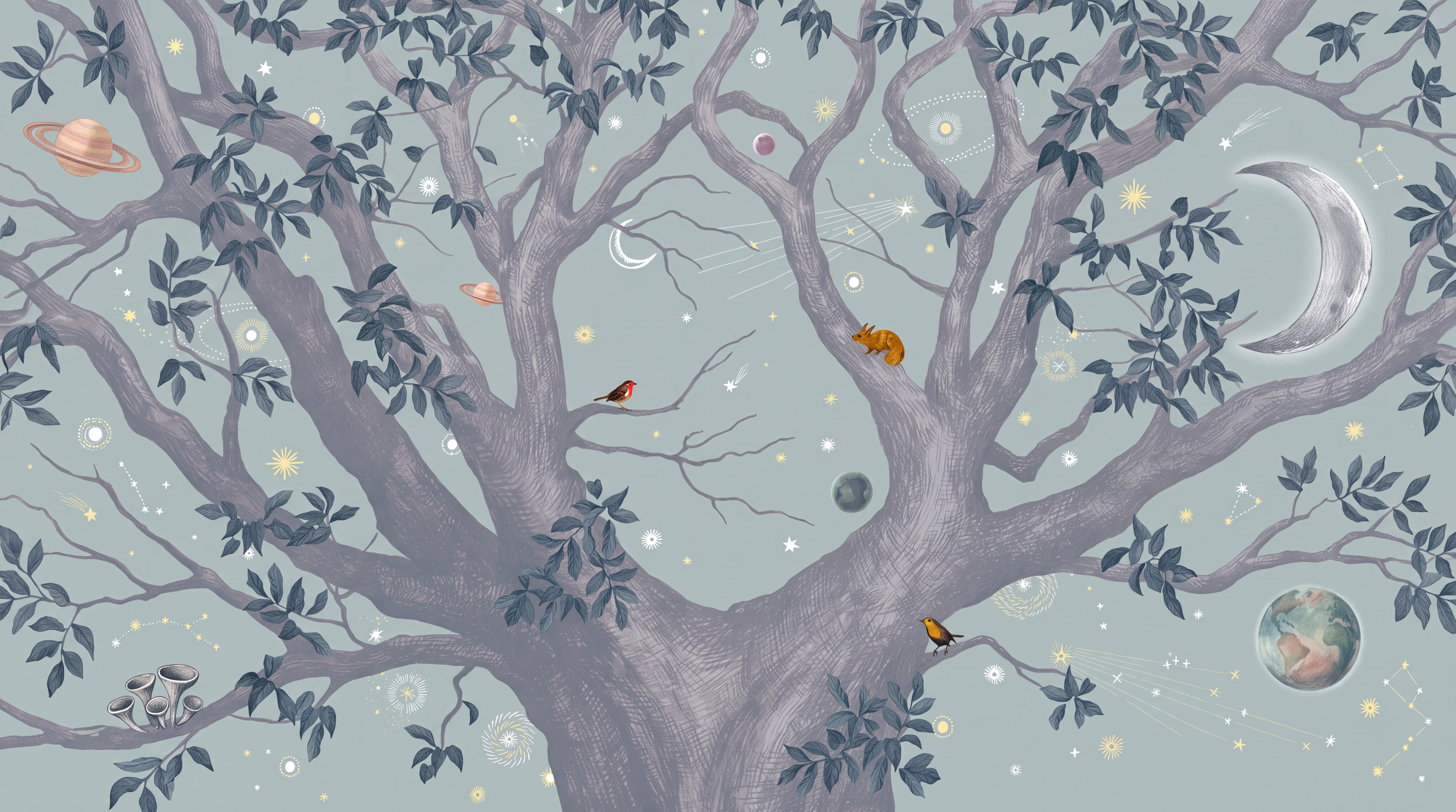 Blue Tree Scenic Wallpaper Mural, Peel-and-stick Finish