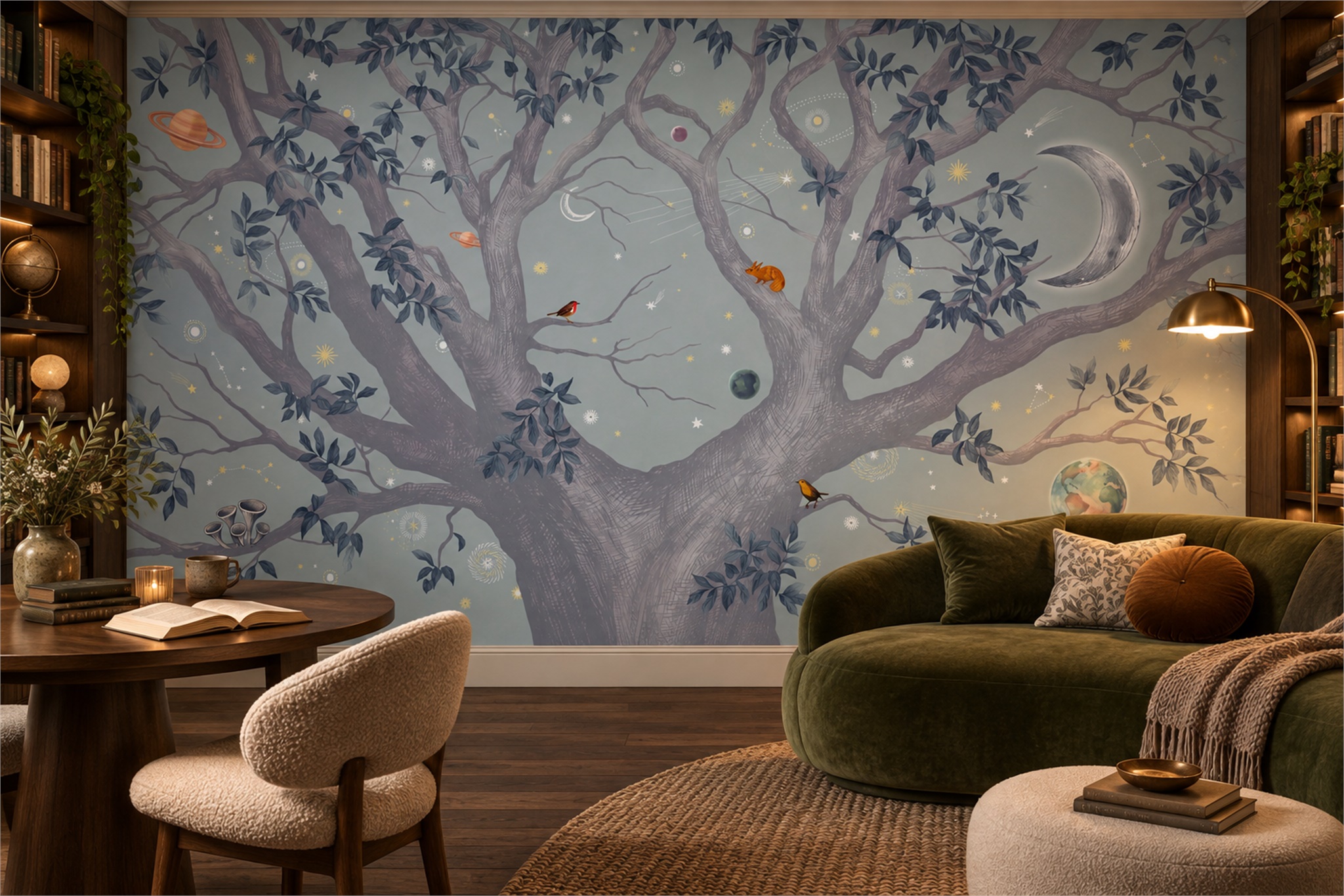 Celestial Tree With Planets, Crescent Moon And Woodland Birds Wallpaper Mural — Wallpaper Mural Design, Peel-and-stick Finish