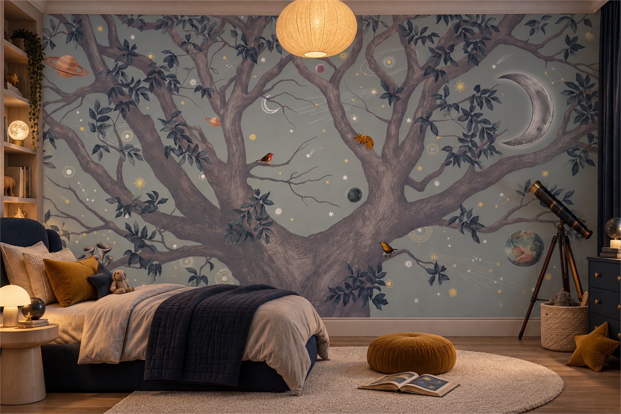 Blue Tree Scenic Wallpaper Mural Home-office-wallpaper-murals, Peel-and-stick Finish