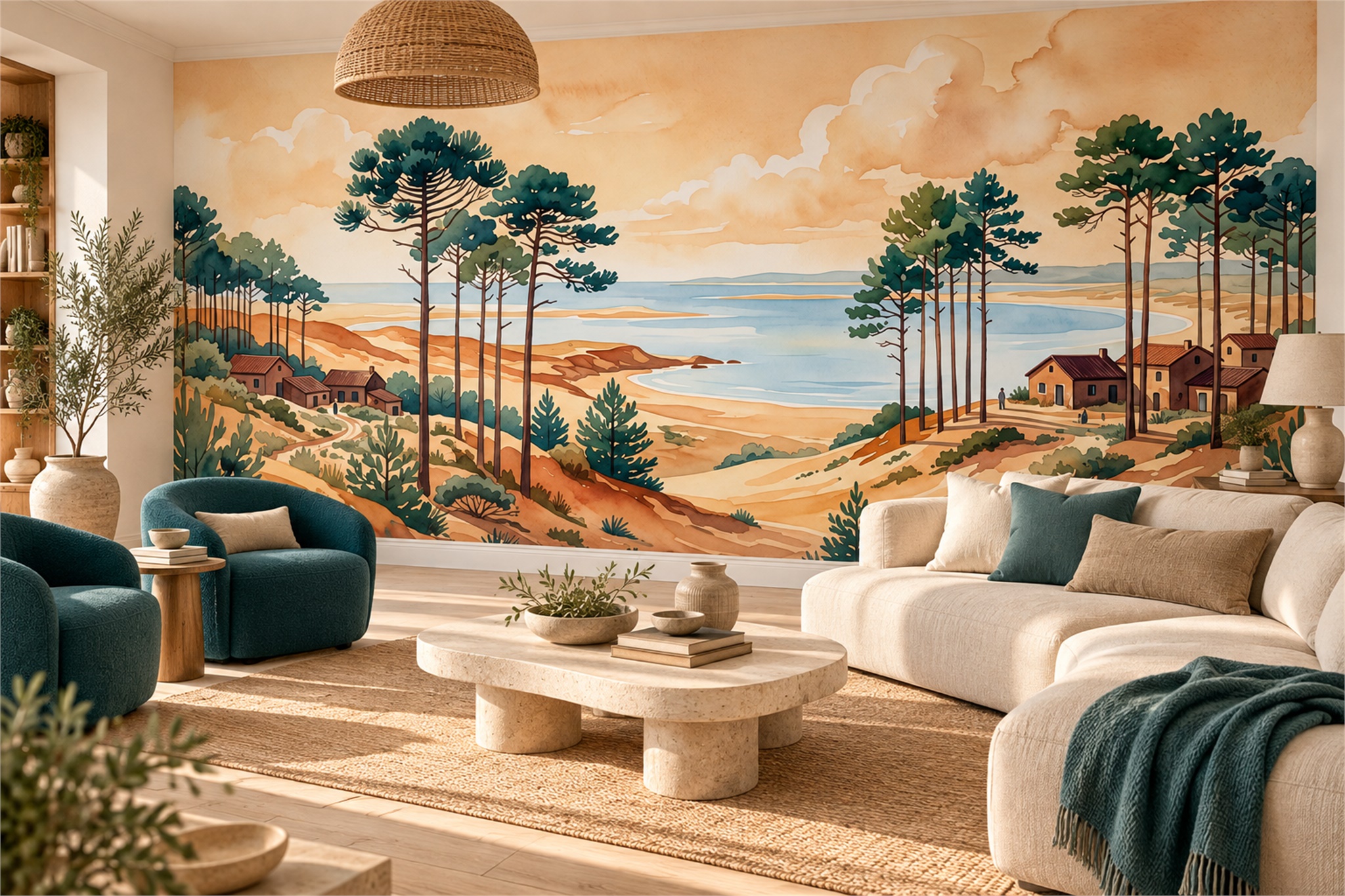 Ochre Scenic Scenic Wallpaper Mural Living-room-wallpaper-murals, Shown In A Living Room, Peel-and-stick Finish