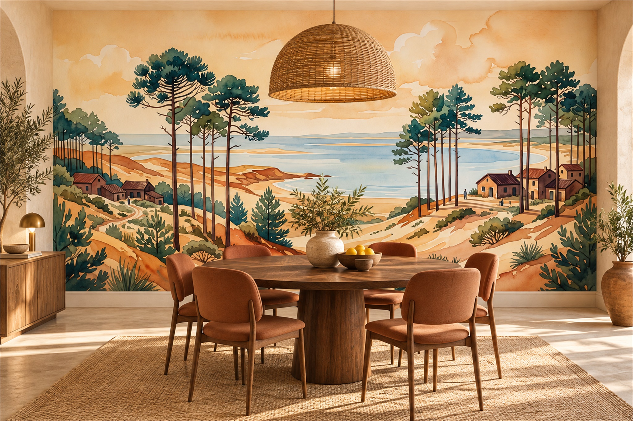 Watercolour Coastal Village And Sandy Bay With Pine Trees Wallpaper Mural — Wallpaper Mural Design, Peel-and-stick Finish