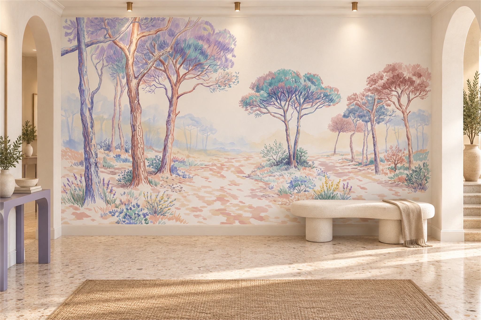 Lilac Pine Scenic Wallpaper Mural Living-room-wallpaper-murals, Shown In A Living Room, Peel-and-stick Finish