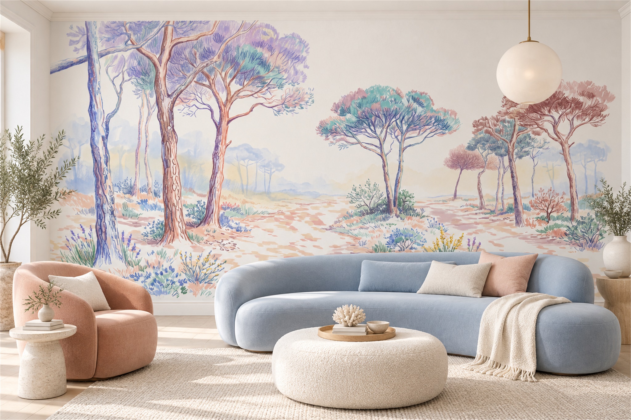 Lilac Pine Scenic Wallpaper Mural Accent-wall-wallpaper-murals, Peel-and-stick Finish