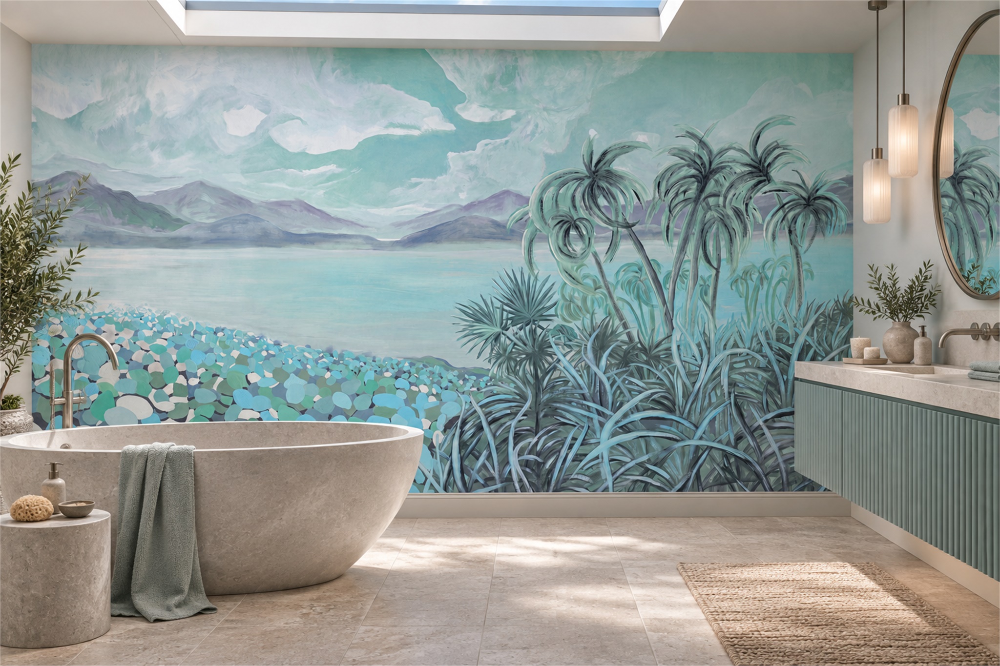 Aqua Scenic Scenic Wallpaper Mural Bathroom-wallpaper-murals, Peel-and-stick Finish
