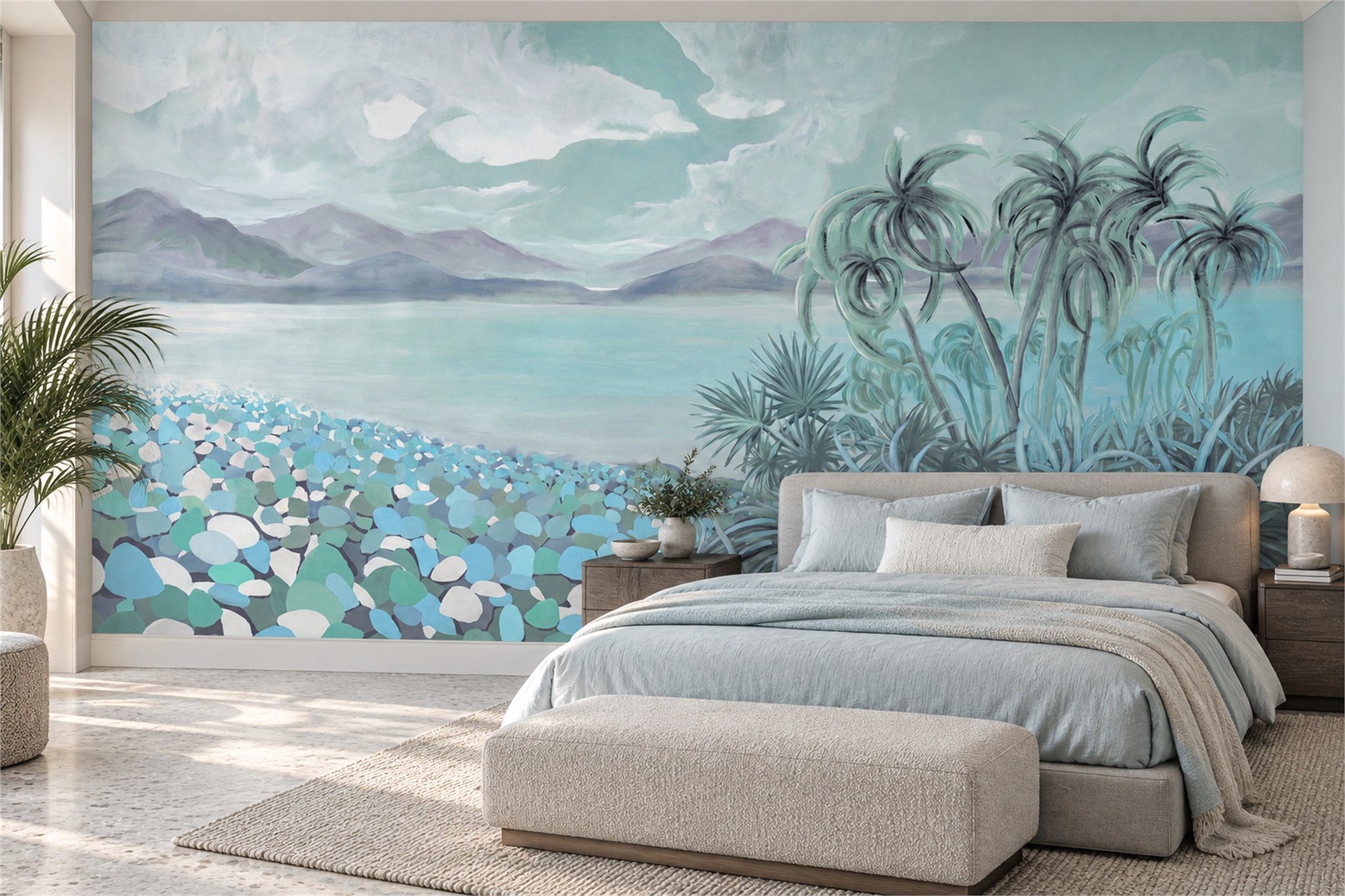 Aqua Scenic Scenic Wallpaper Mural Bedroom-wallpaper-murals, Peel-and-stick Finish