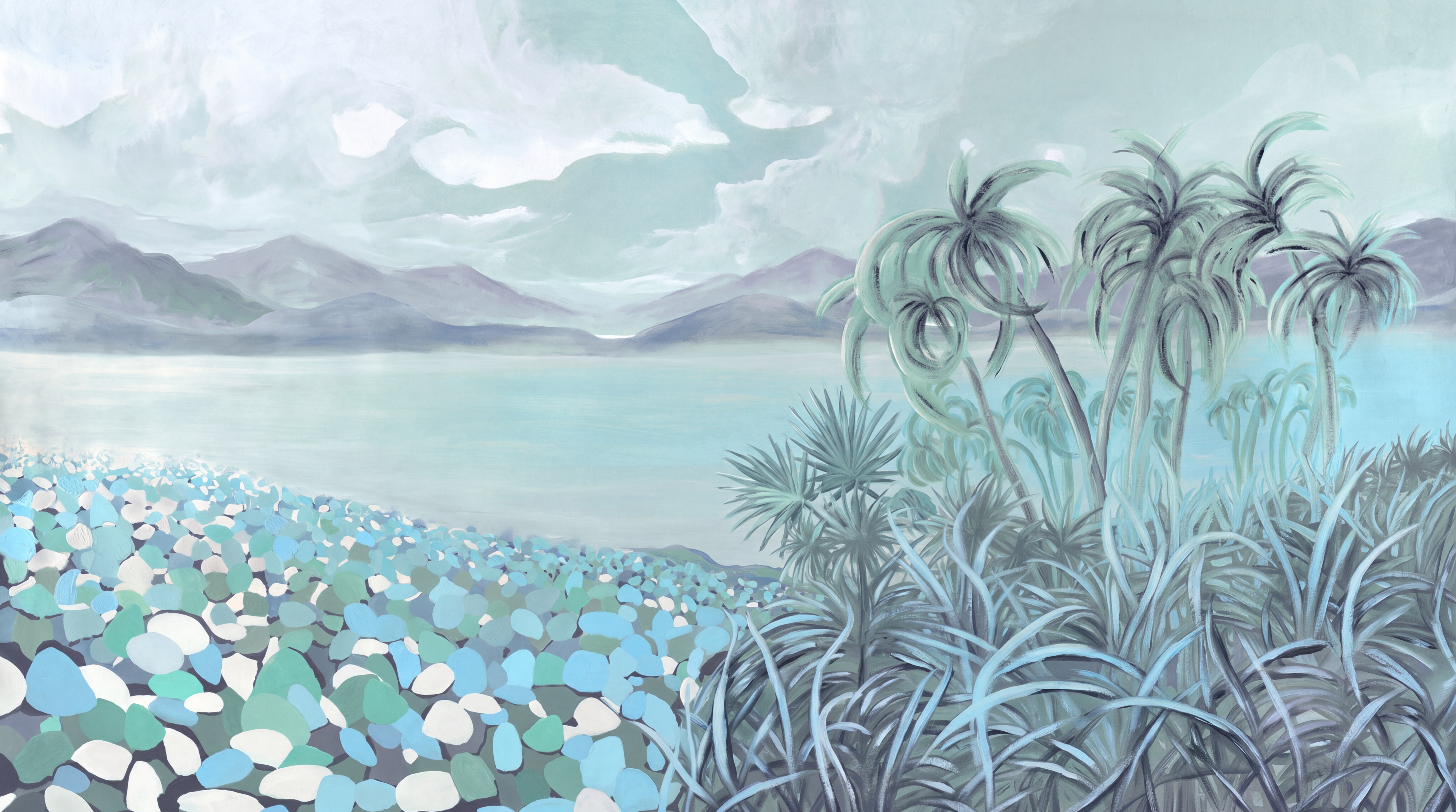 Aqua Scenic Scenic Wallpaper Mural Living-room-wallpaper-murals, Peel-and-stick Finish