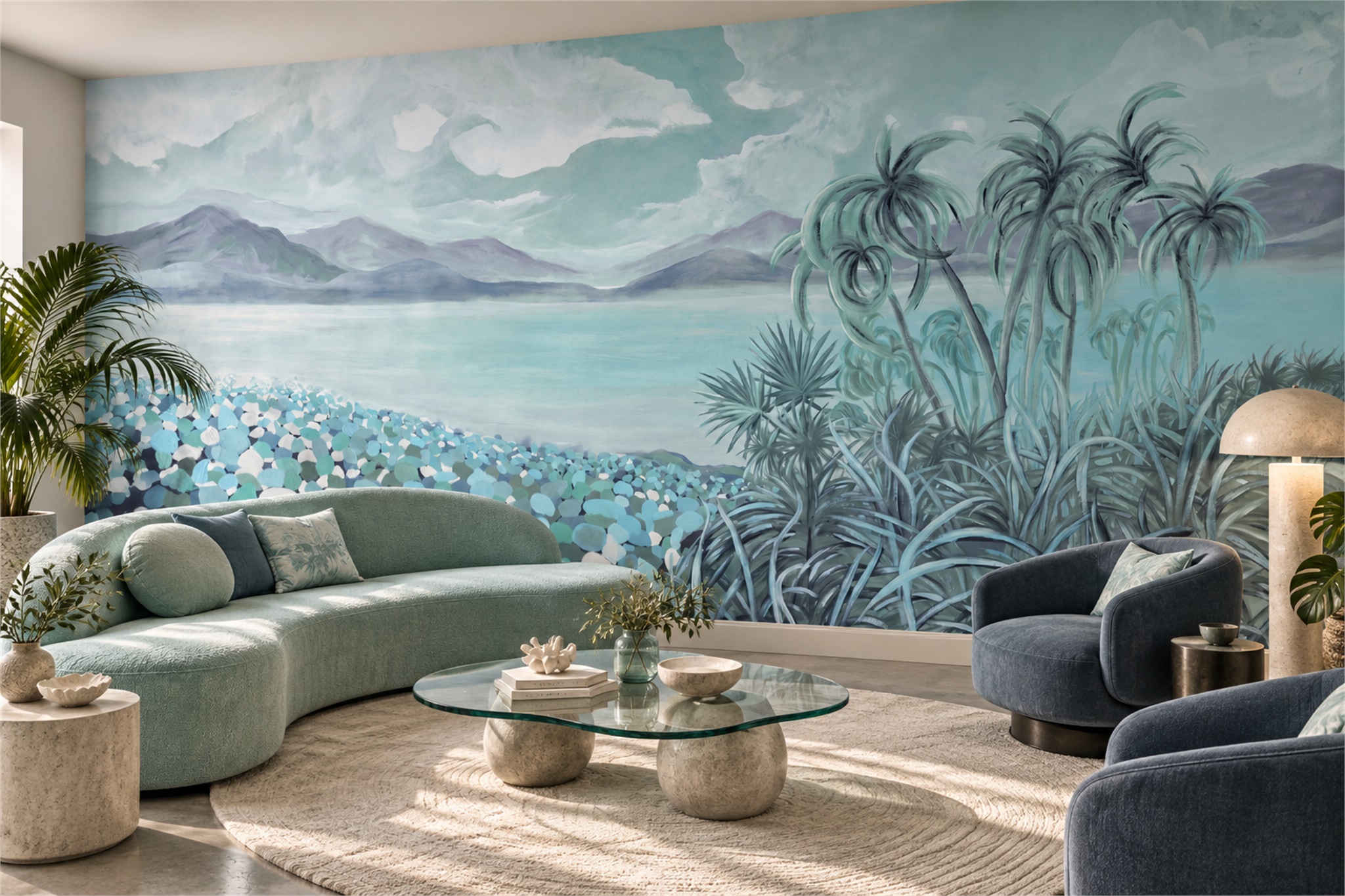 Aqua Scenic Scenic Wallpaper Mural Living-room-wallpaper-murals, Peel-and-stick Finish