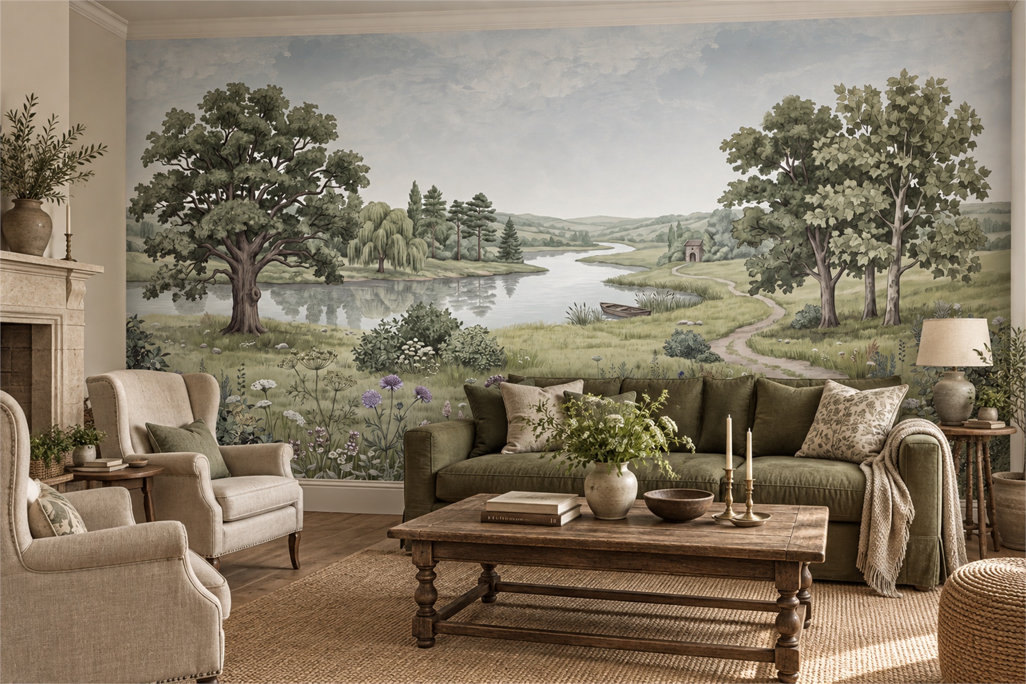 Sage River Meadow With Rowboat And Winding Path Wallpaper Mural — Wallpaper Mural Design, Peel-and-stick Finish