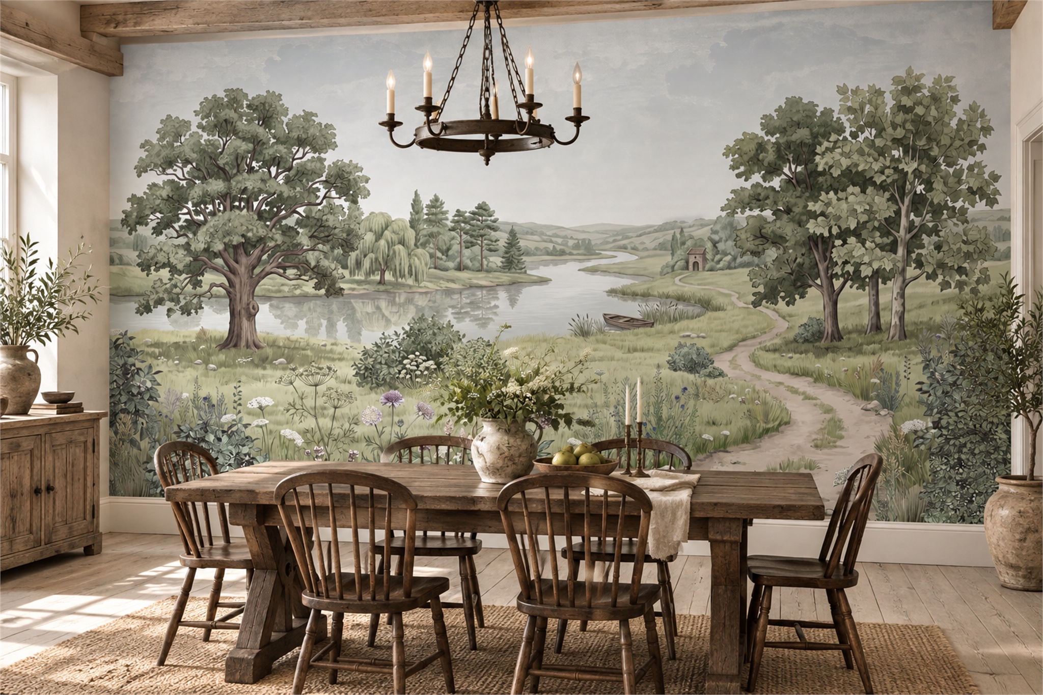 Sage Pattern Decorative Organic Wallpaper Mural Dining-room-wallpaper-murals, Shown In A Dining Room, Peel-and-stick Finish