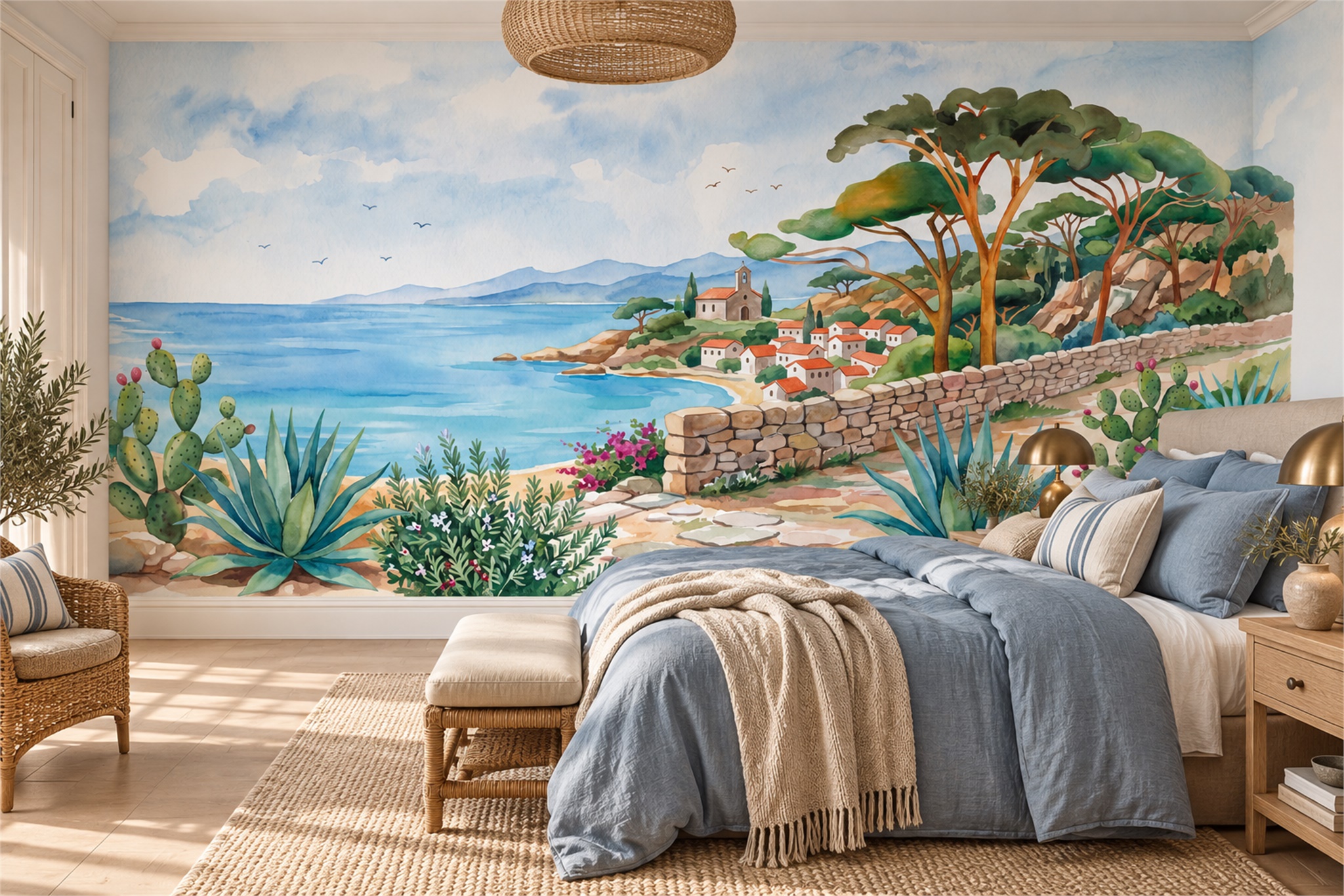 Watercolour Coastal Village And Stone Wall Wallpaper Mural — Installed Wallpaper Mural In A Bedroom, Peel-and-stick Finish