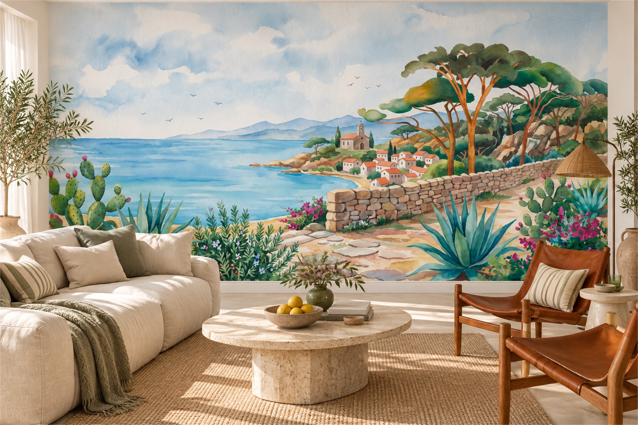 Blue Coastal Scenic Painterly Wallpaper Mural Living-room-wallpaper-murals, Shown In A Living Room, Peel-and-stick Finish