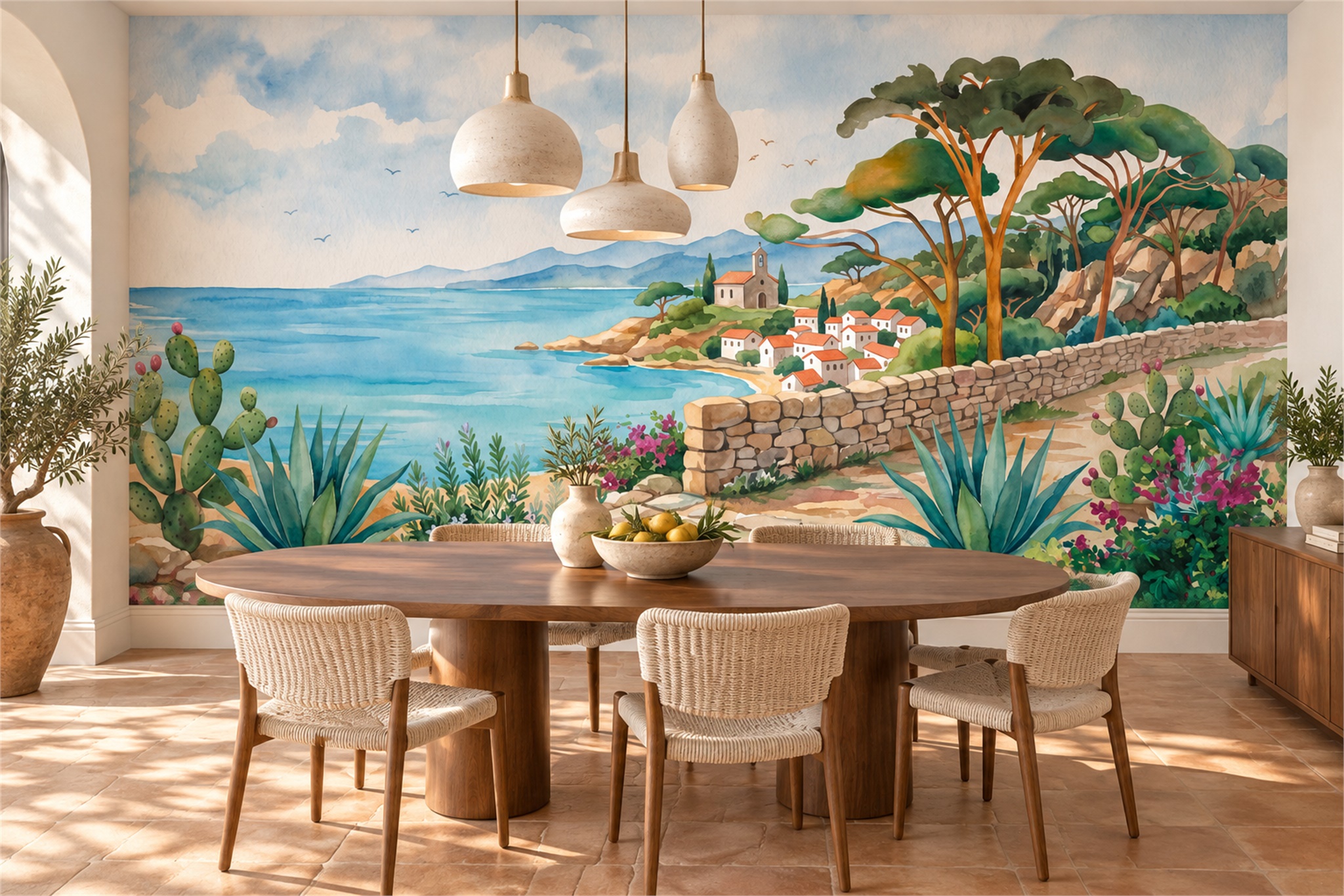 Blue Coastal Scenic Painterly Wallpaper Mural Dining-room-wallpaper-murals, Shown In A Dining Room, Peel-and-stick Finish