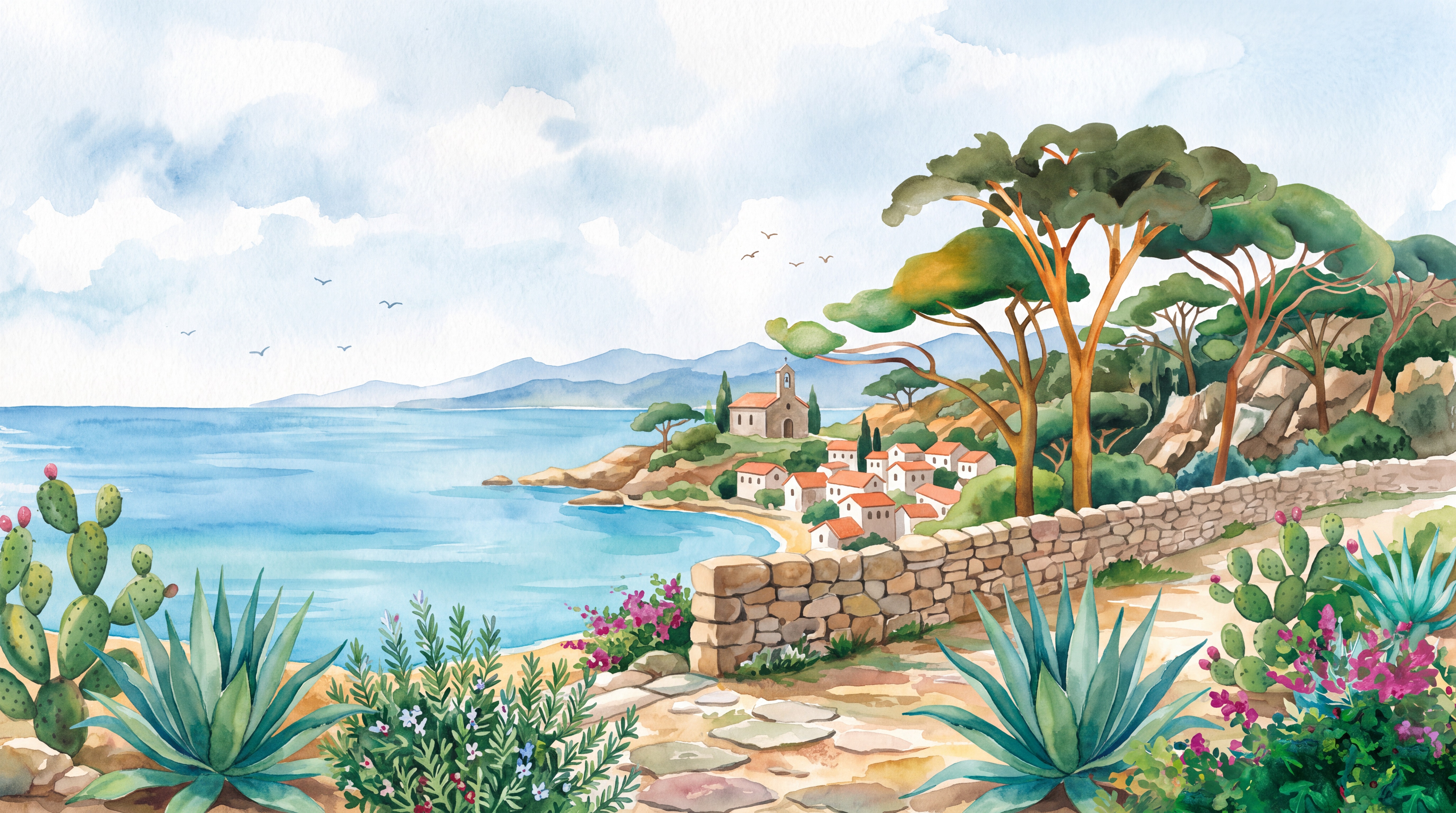 Blue Coastal Scenic Painterly Wallpaper Mural, Peel-and-stick Finish