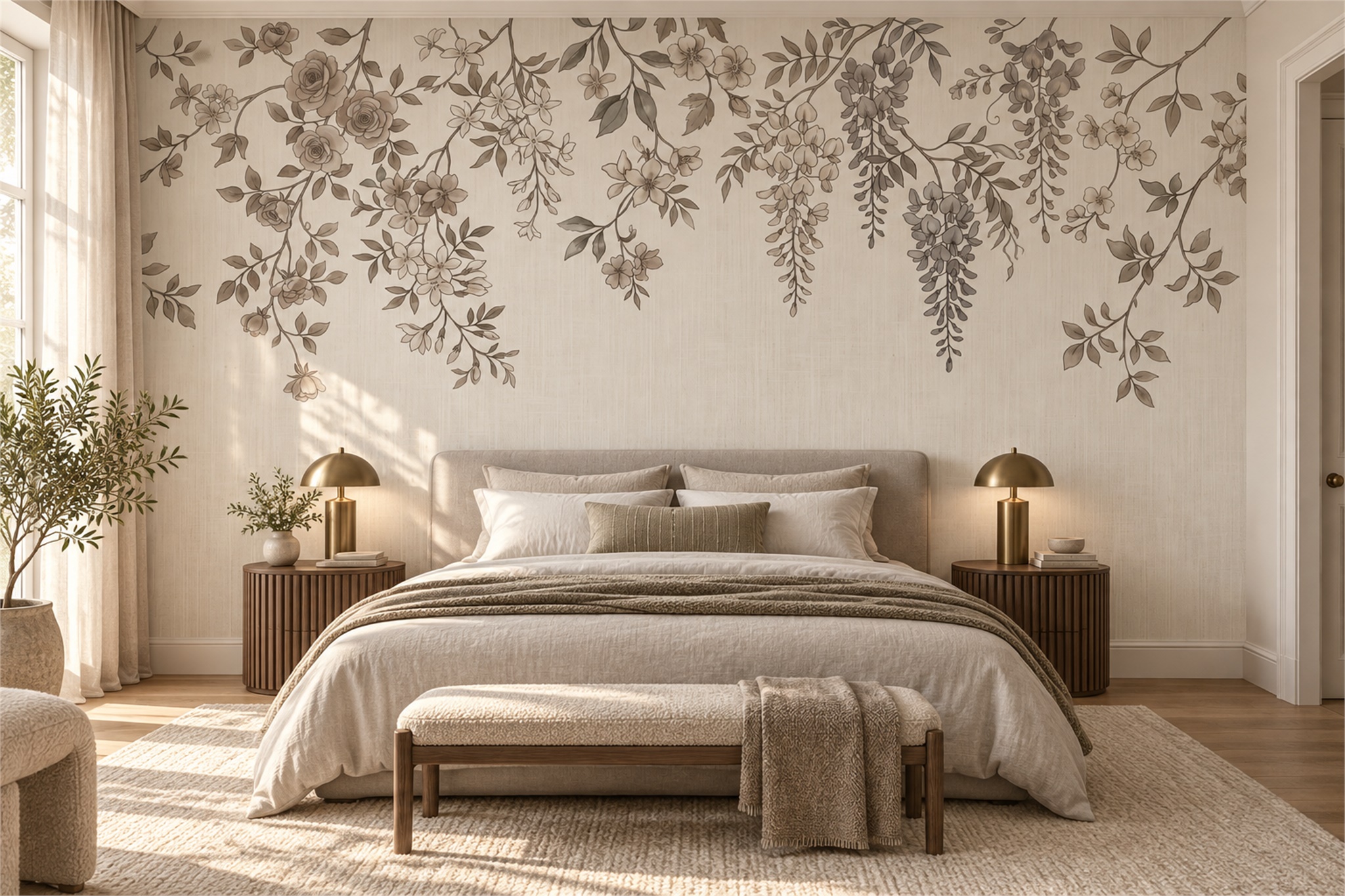 Taupe Hanging Blossom And Vine Wallpaper Mural — Installed Wallpaper Mural In A Bedroom, Peel-and-stick Finish