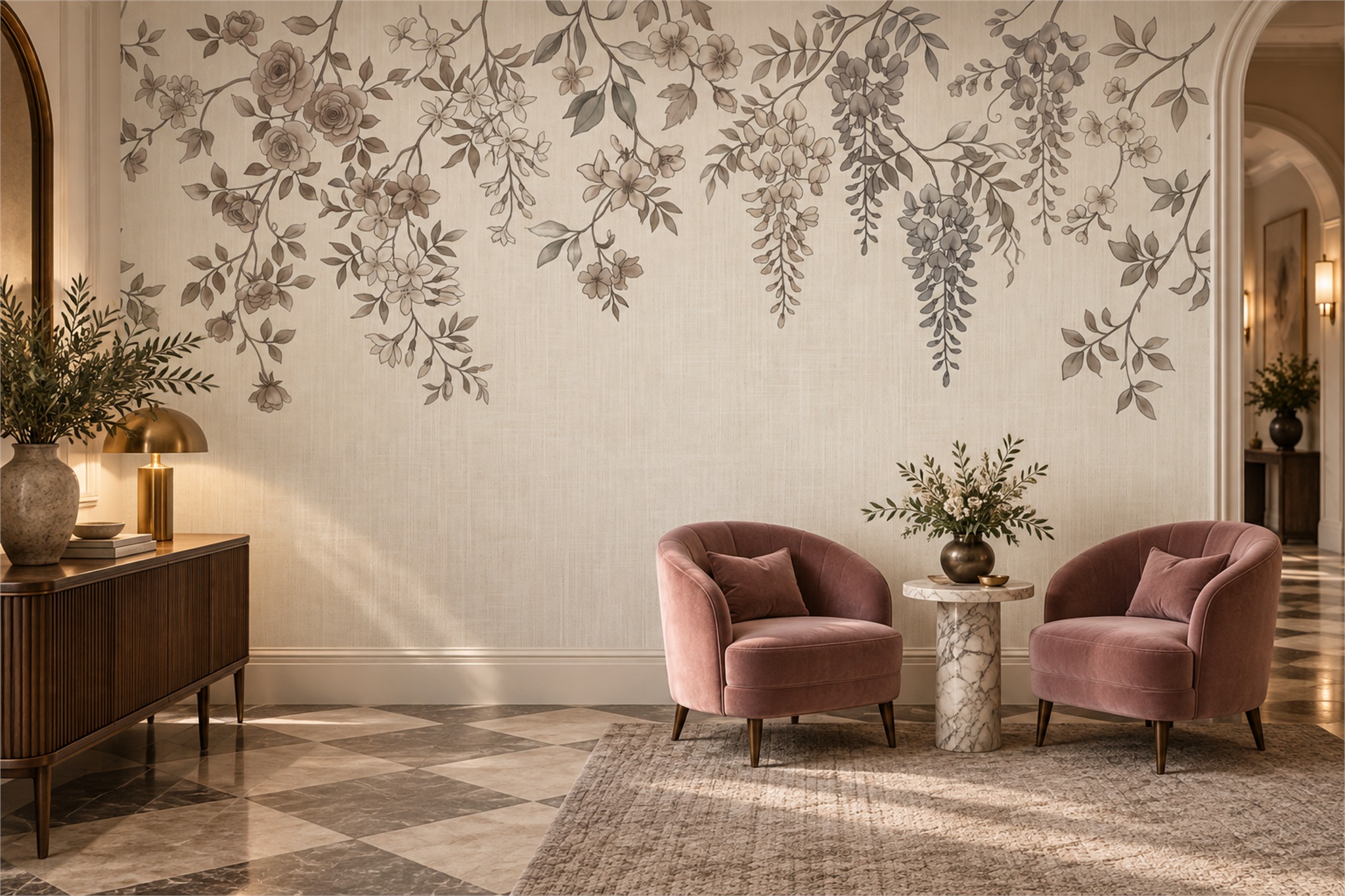 Taupe Vine Botanical Wallpaper Mural Hallway-wallpaper-murals, Peel-and-stick Finish