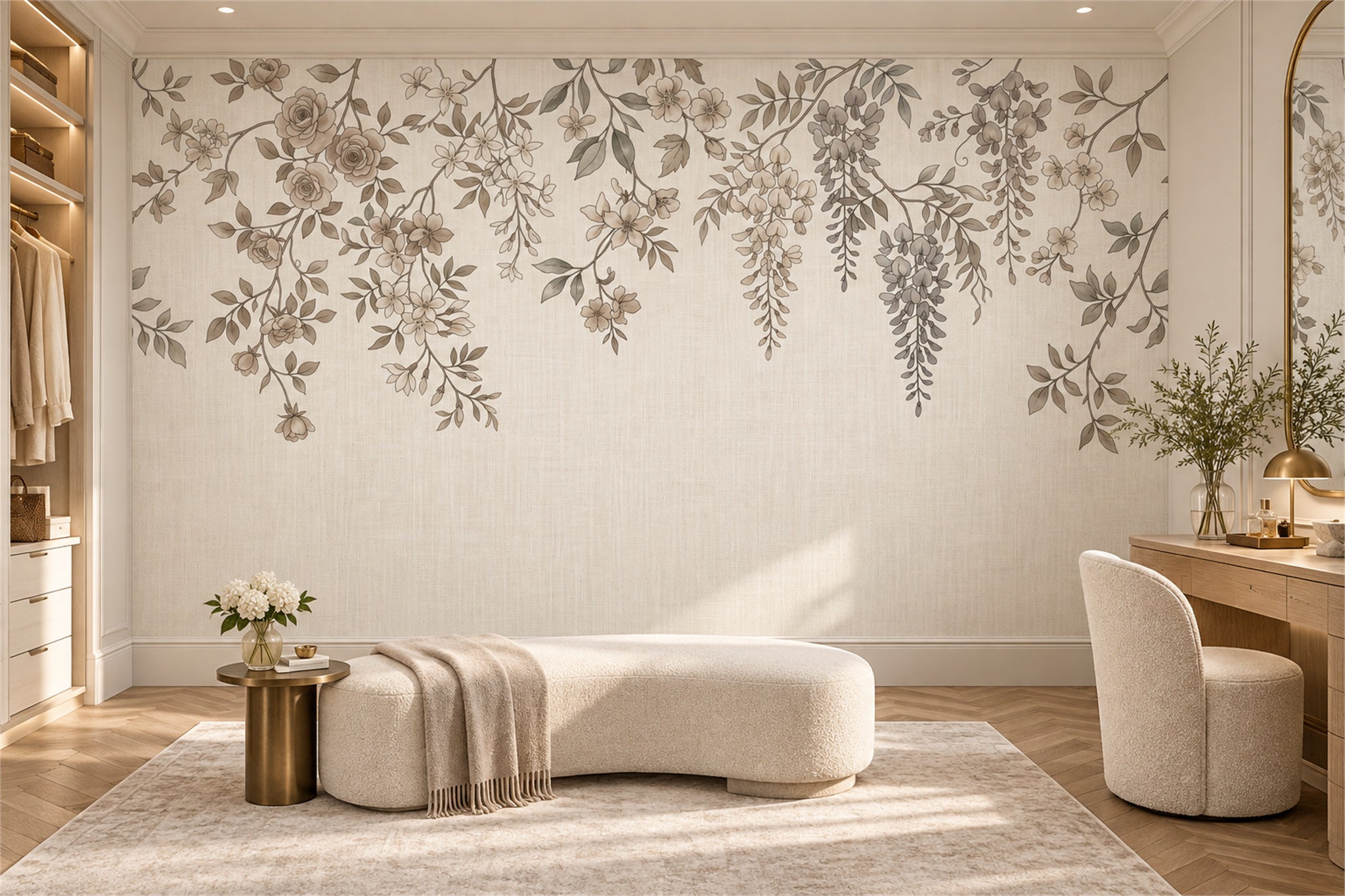 Taupe Vine Botanical Wallpaper Mural Feature-wall-wallpaper-murals, Peel-and-stick Finish
