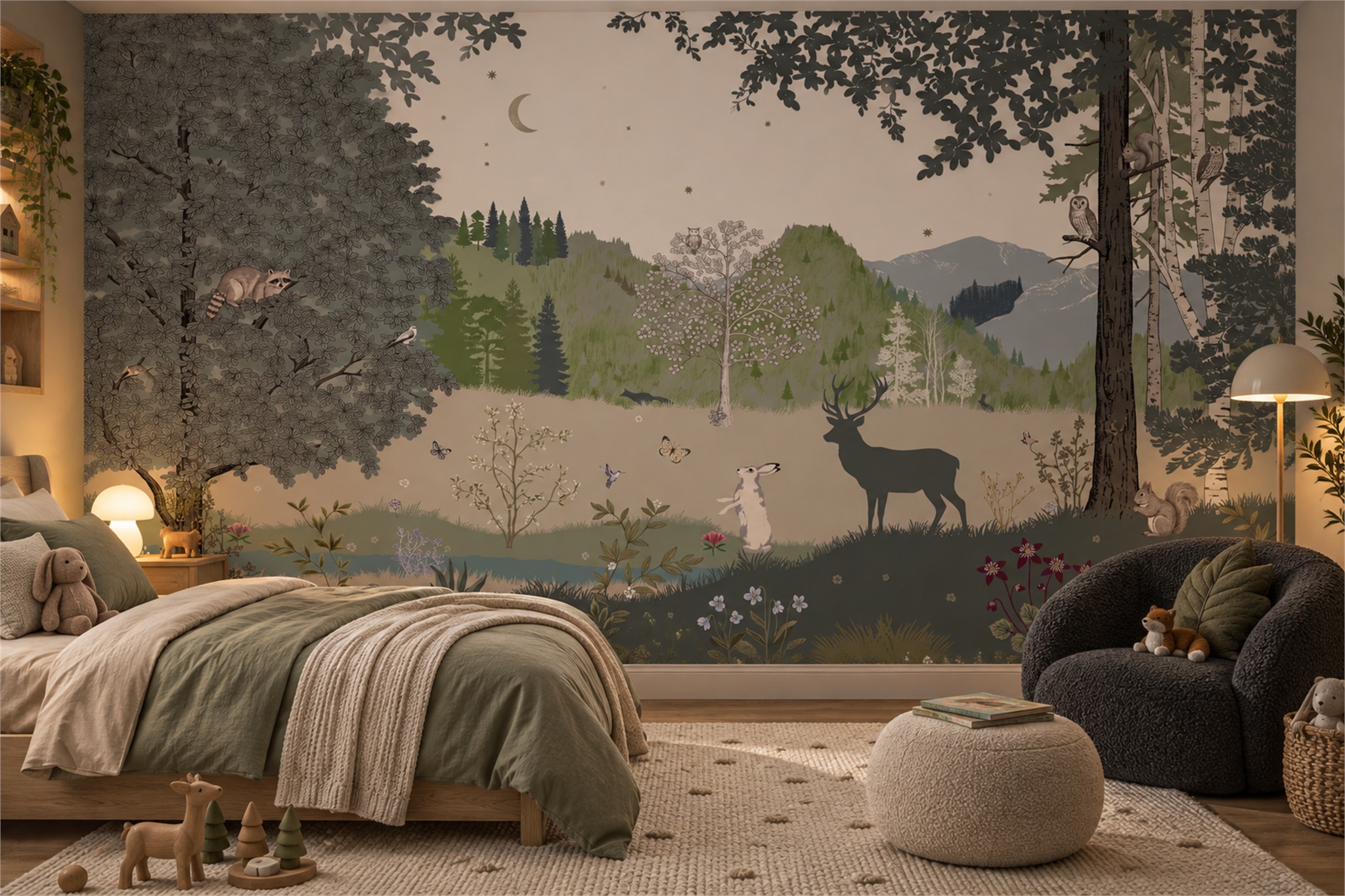 Sage Deer Illustrated Wallpaper Mural, Peel-and-stick Finish
