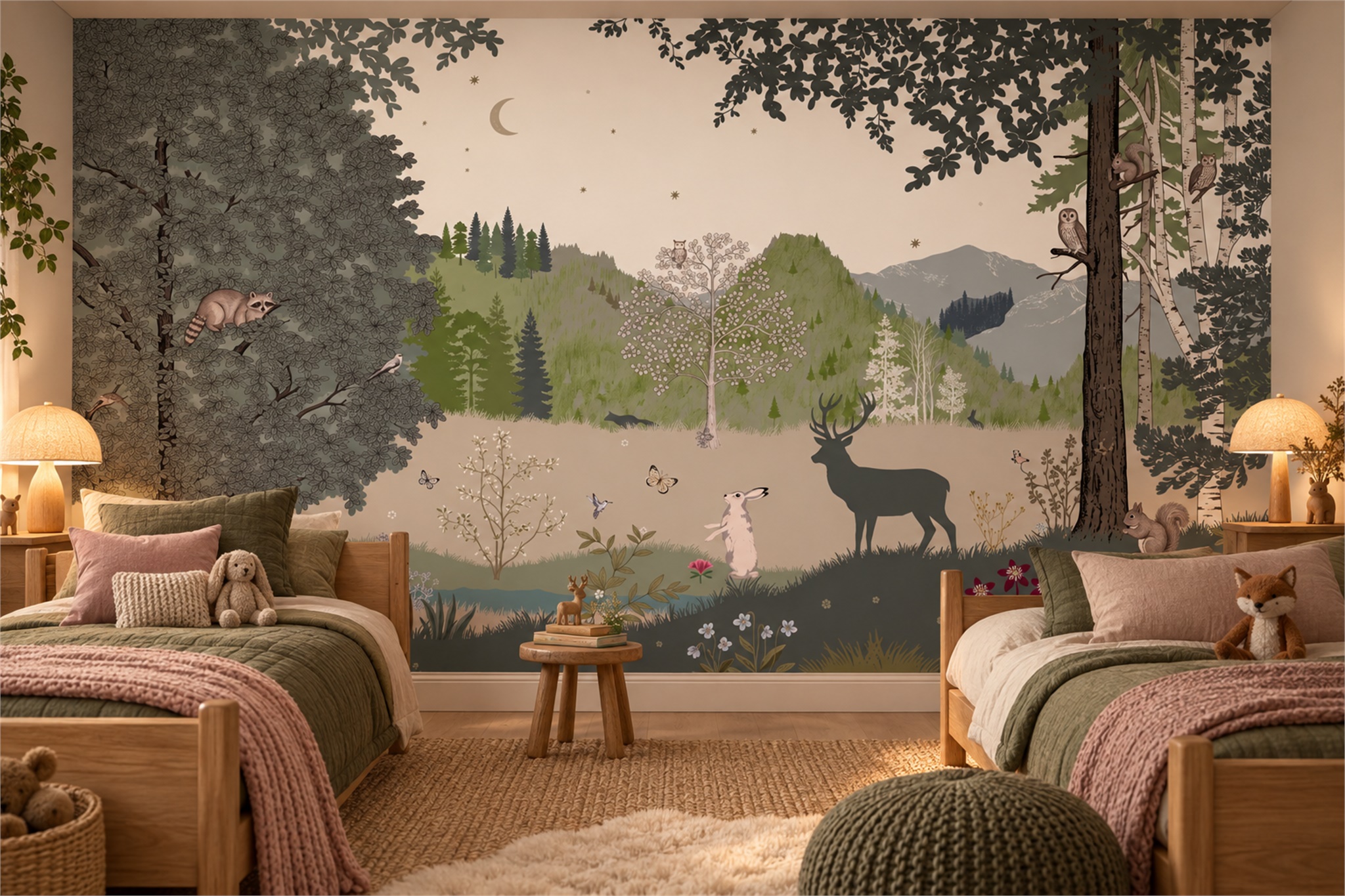 Sage Deer Illustrated Wallpaper Mural Bedroom-wallpaper-murals, Peel-and-stick Finish