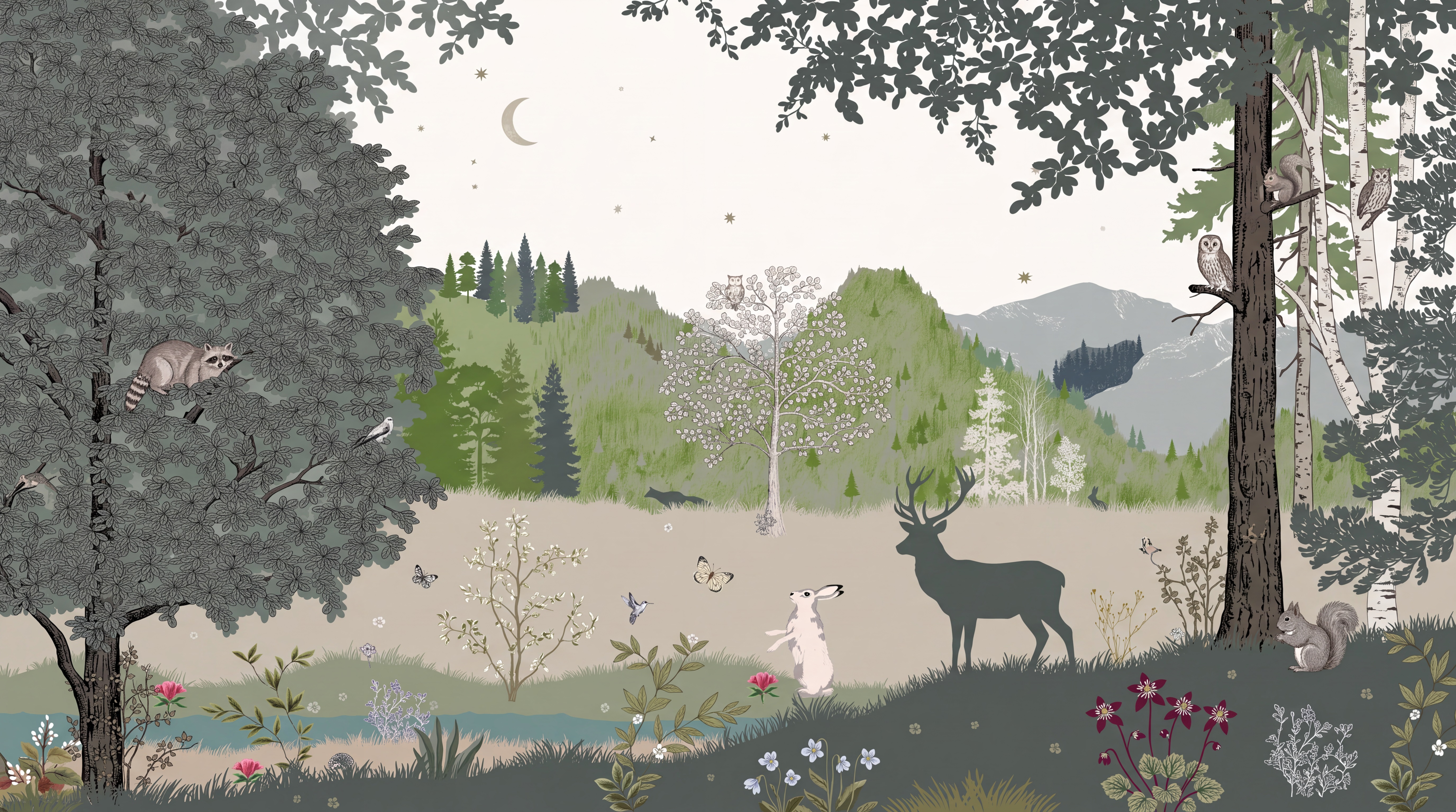 Sage Deer Illustrated Wallpaper Mural, Peel-and-stick Finish