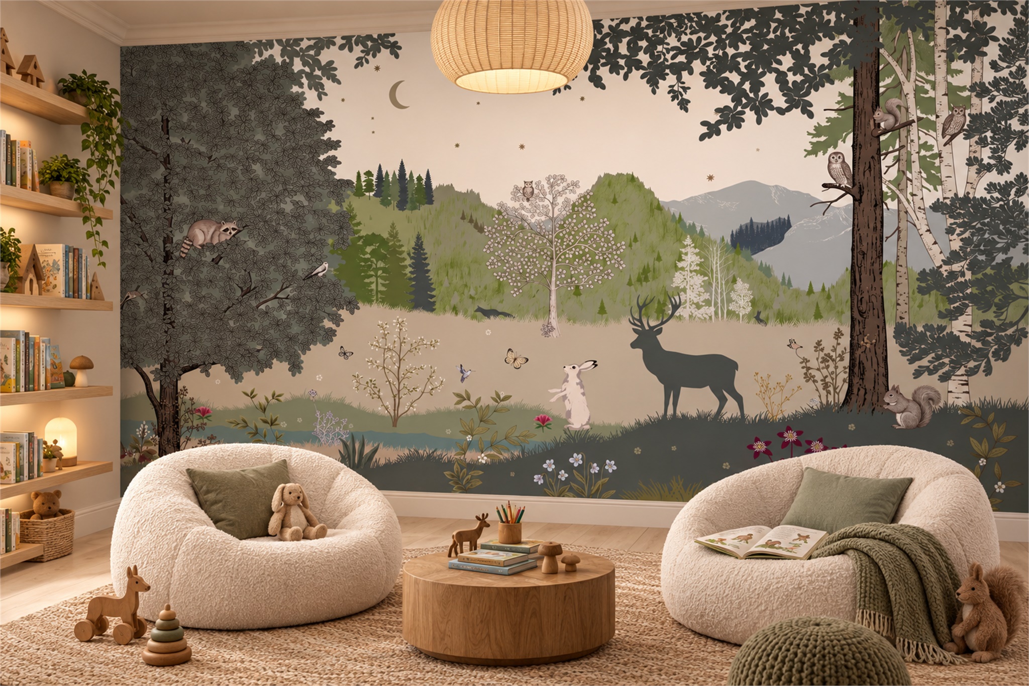 Moonlit Woodland Wildlife And Deer Wallpaper Mural — Wallpaper Mural Design, Peel-and-stick Finish