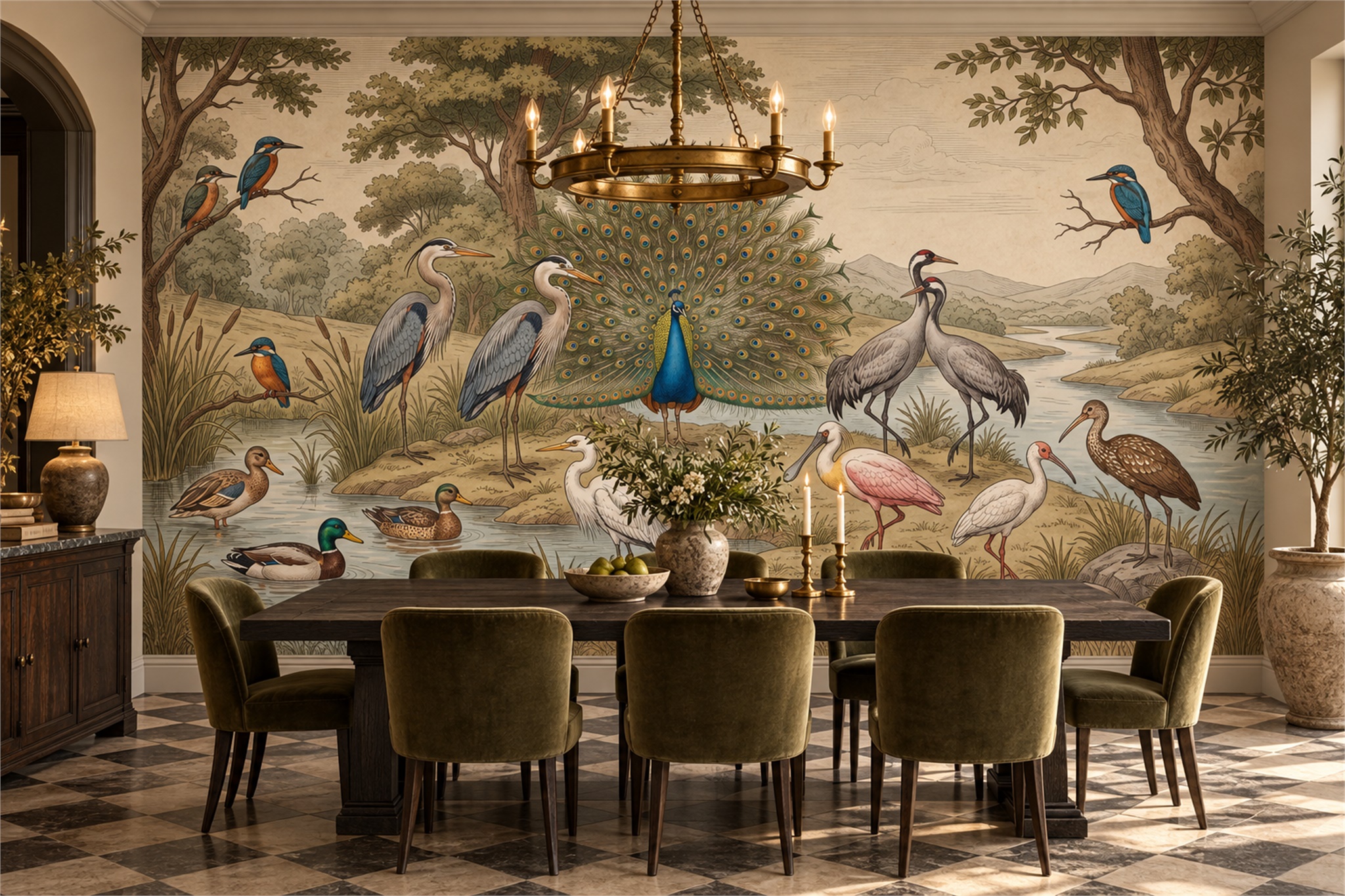 Green Peacock Illustrated Wallpaper Mural Dining-room-wallpaper-murals, Shown In A Dining Room, Peel-and-stick Finish