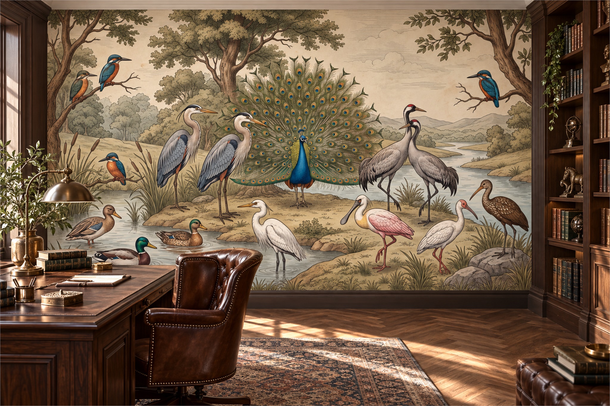 Green Peacock Illustrated Wallpaper Mural Home-office-wallpaper-murals, Shown In A Home Office, Peel-and-stick Finish