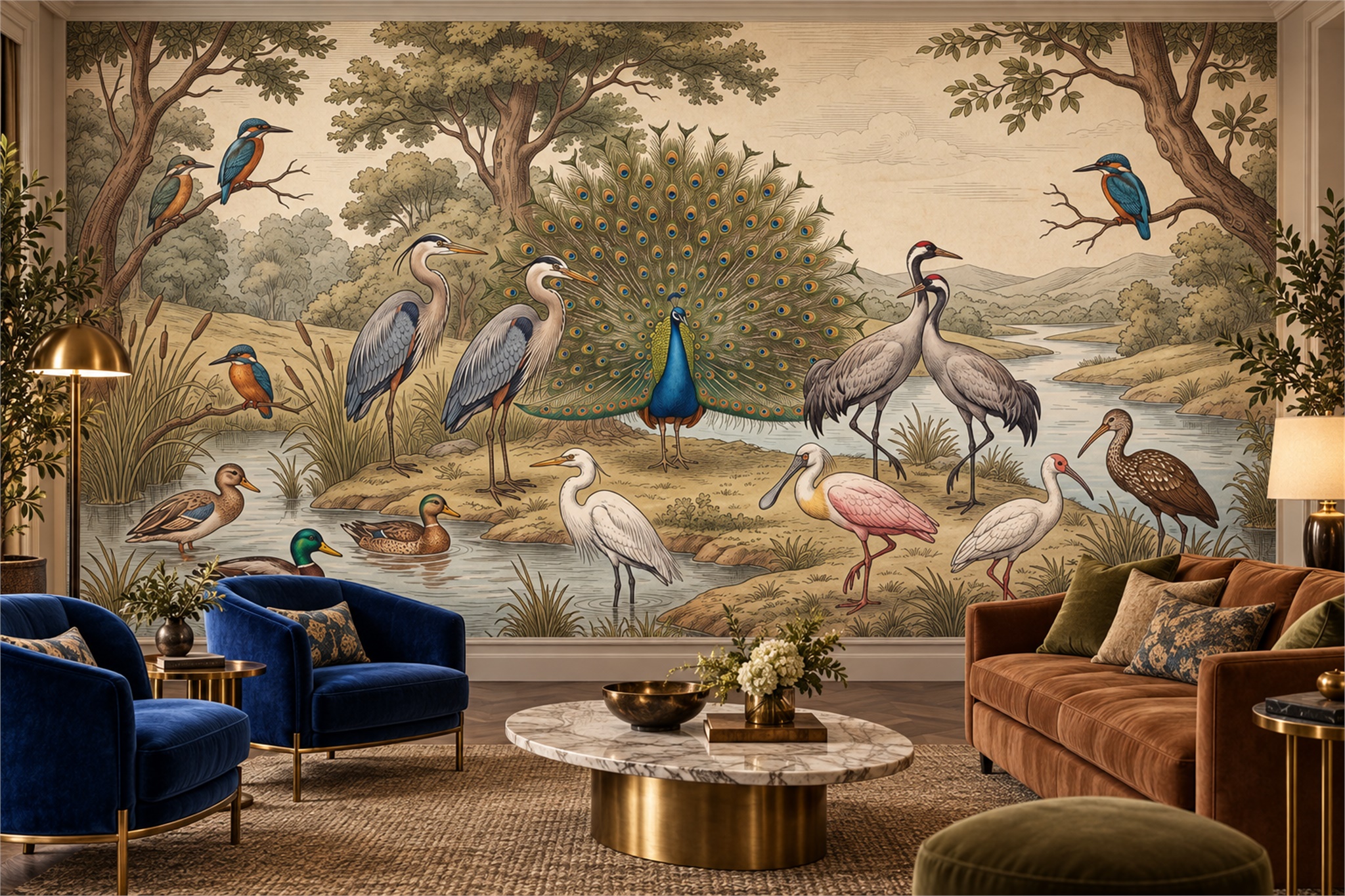 Peacock And Heron Riverbank Wallpaper Mural — Wallpaper Mural Design, Peel-and-stick Finish