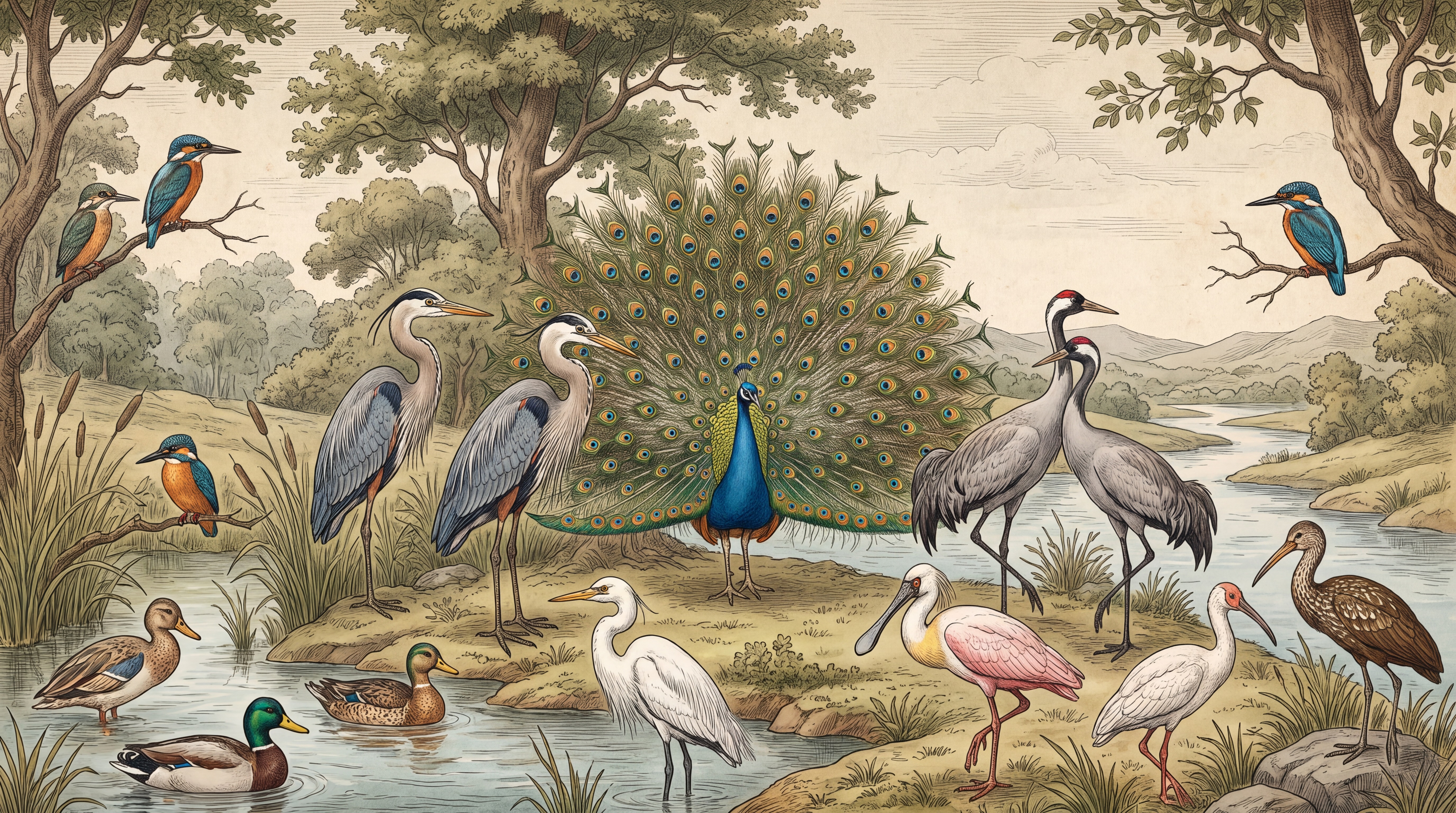 Green Peacock Illustrated Wallpaper Mural Accent-wall-wallpaper-murals, Peel-and-stick Finish