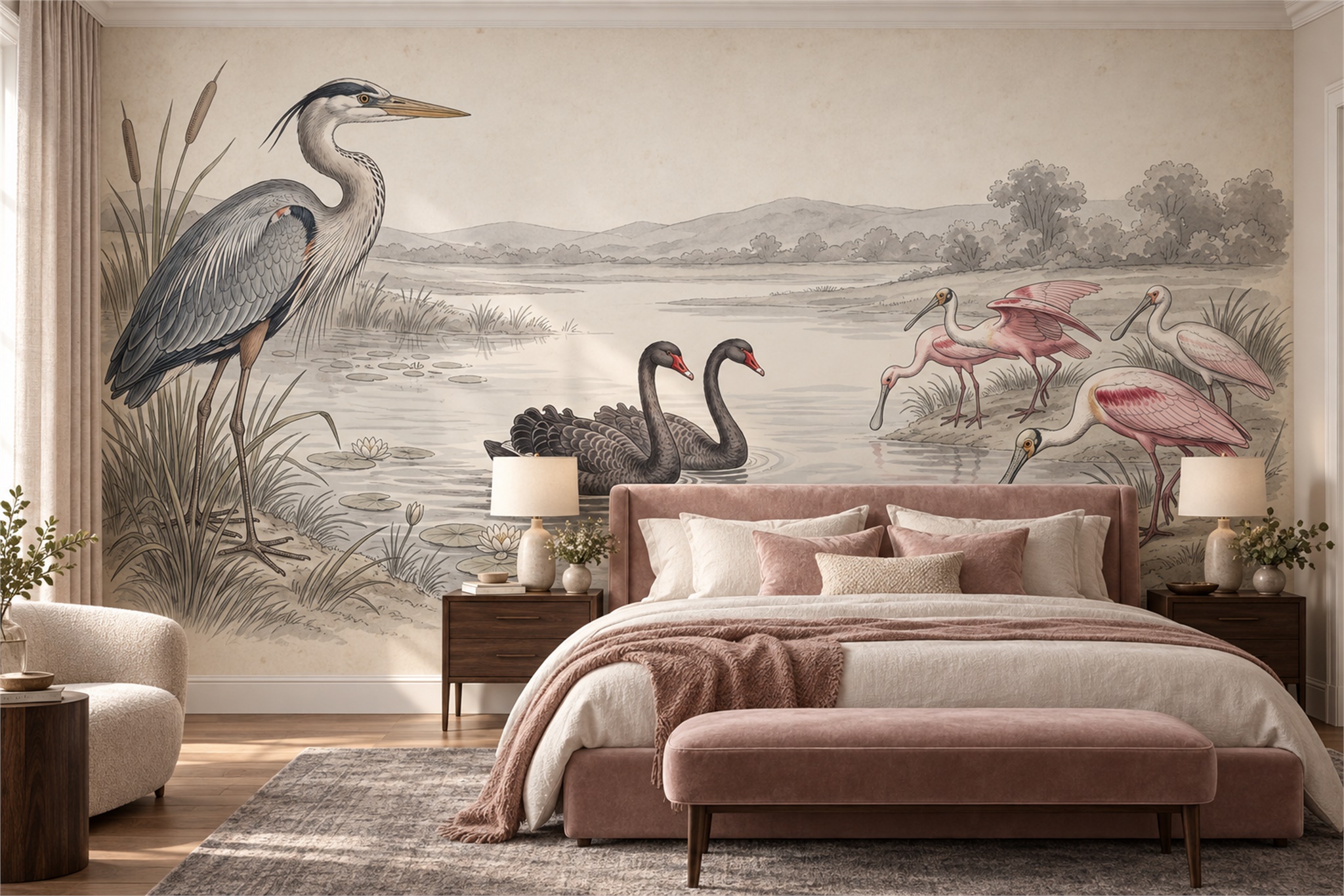 Grey Heron Illustrated Wallpaper Mural Bedroom-wallpaper-murals, Peel-and-stick Finish