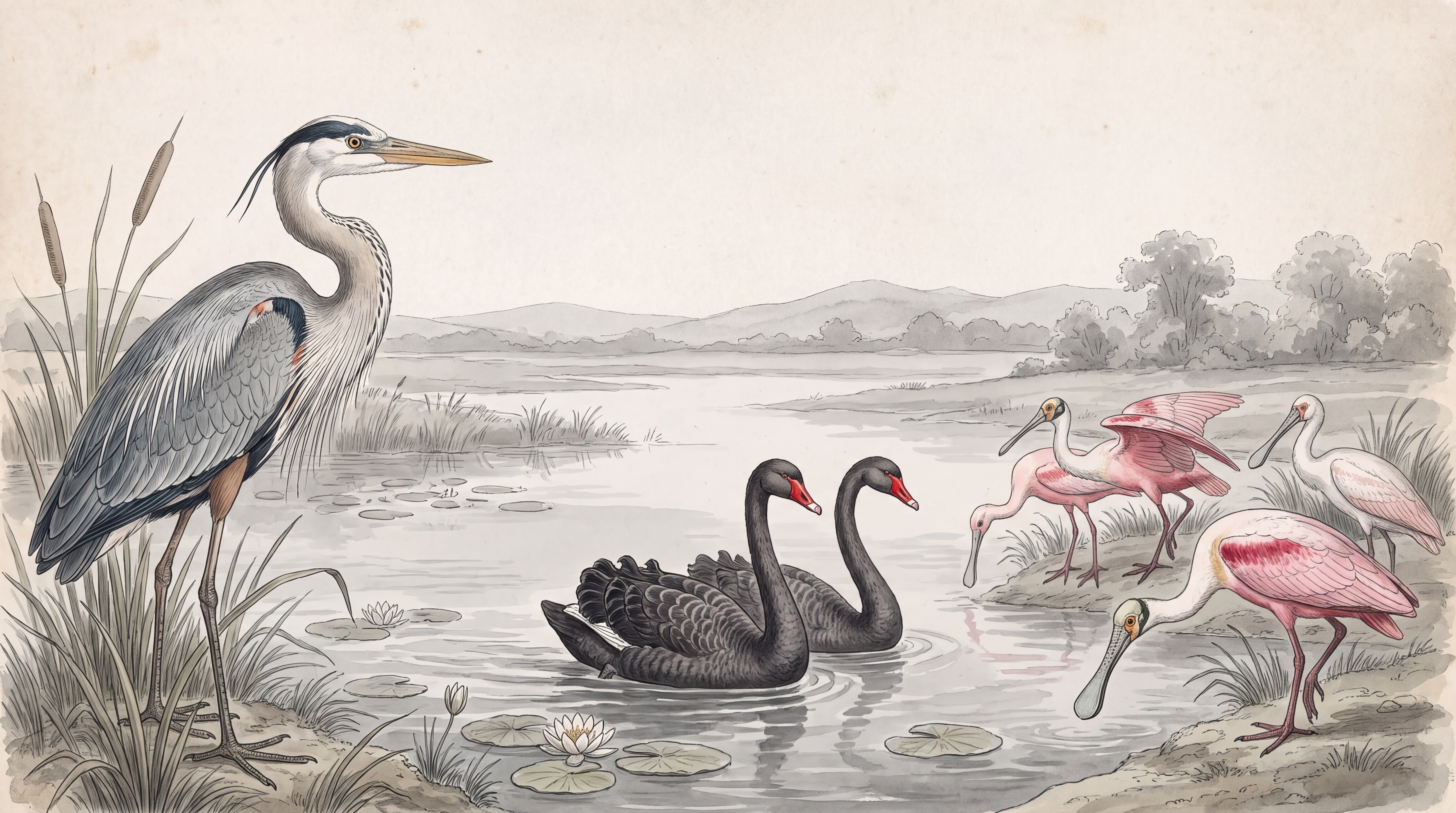 Grey Heron Illustrated Wallpaper Mural, Peel-and-stick Finish