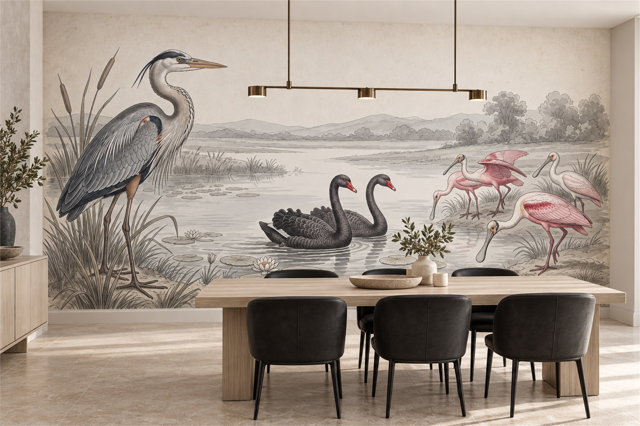 Grey Heron Illustrated Wallpaper Mural Feature-wall-wallpaper-murals, Peel-and-stick Finish