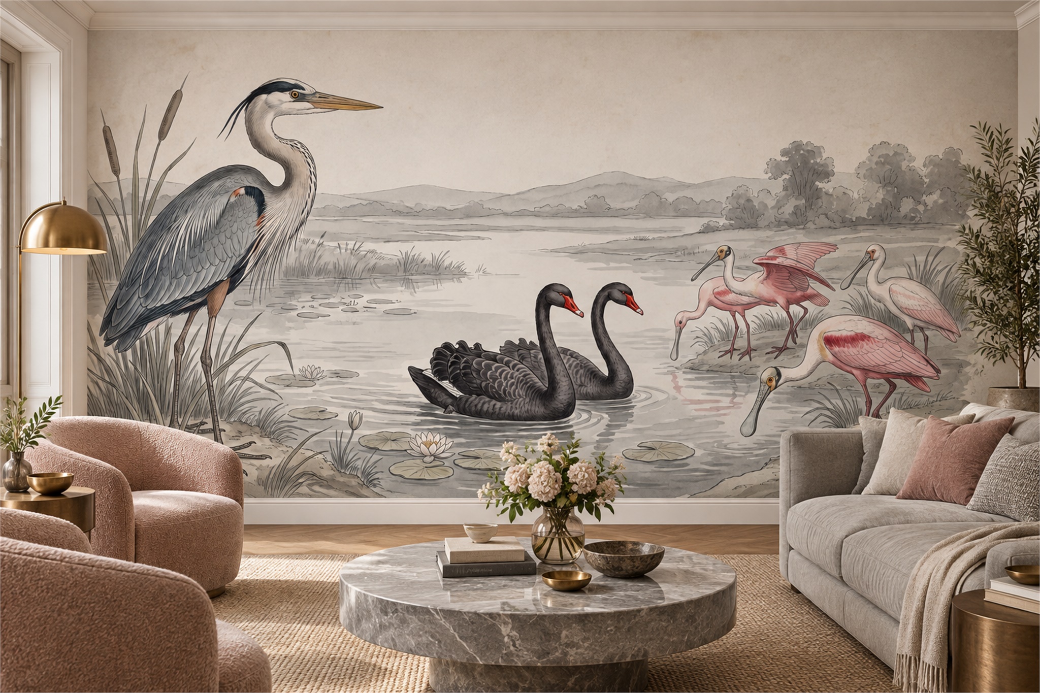 Grey Heron And Pink Spoonbill Wetland Wallpaper Mural — Wallpaper Mural Design, Peel-and-stick Finish