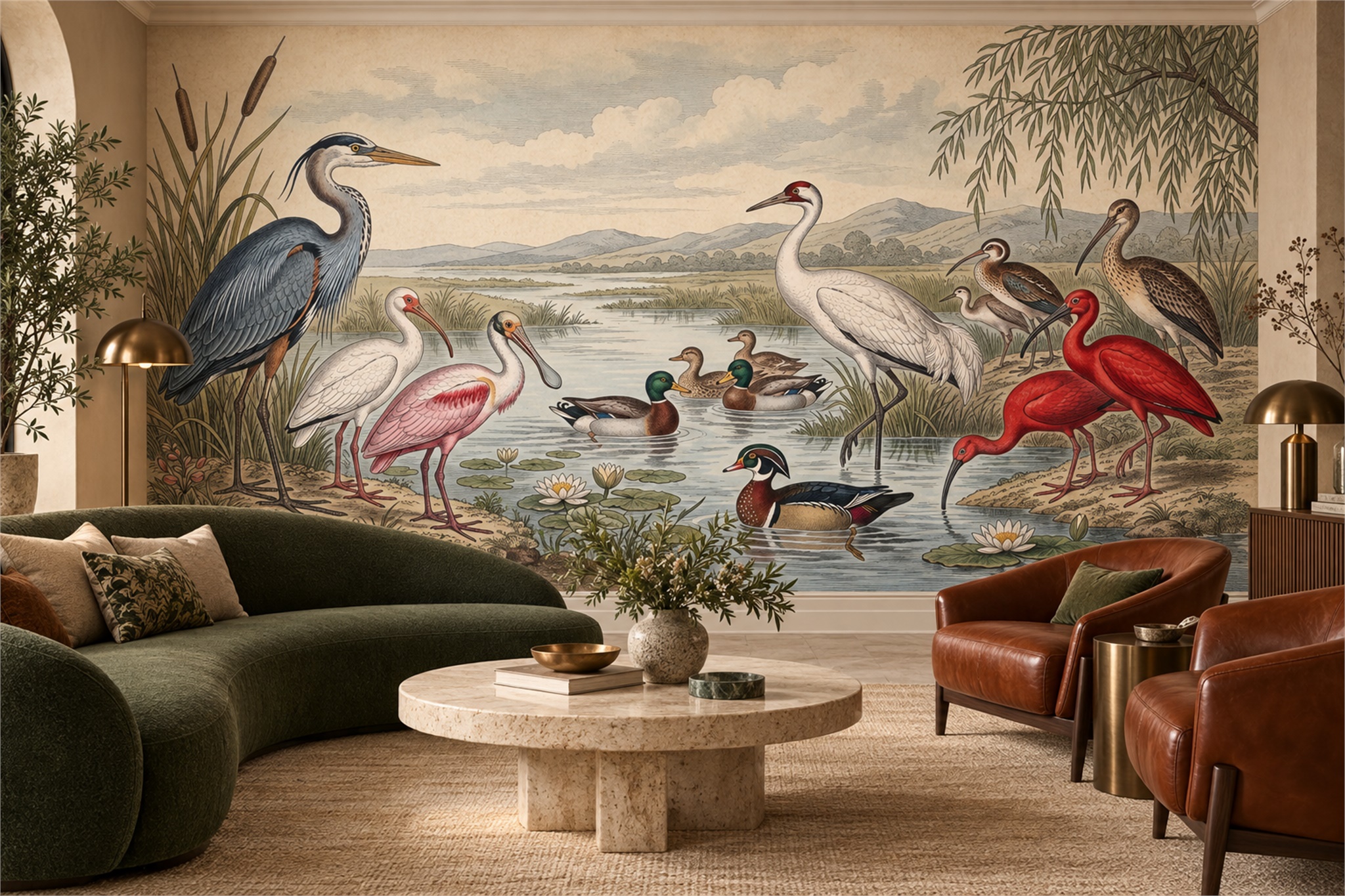 Vintage Heron And Waterbird Marsh Wallpaper Mural — Wallpaper Mural Design, Peel-and-stick Finish