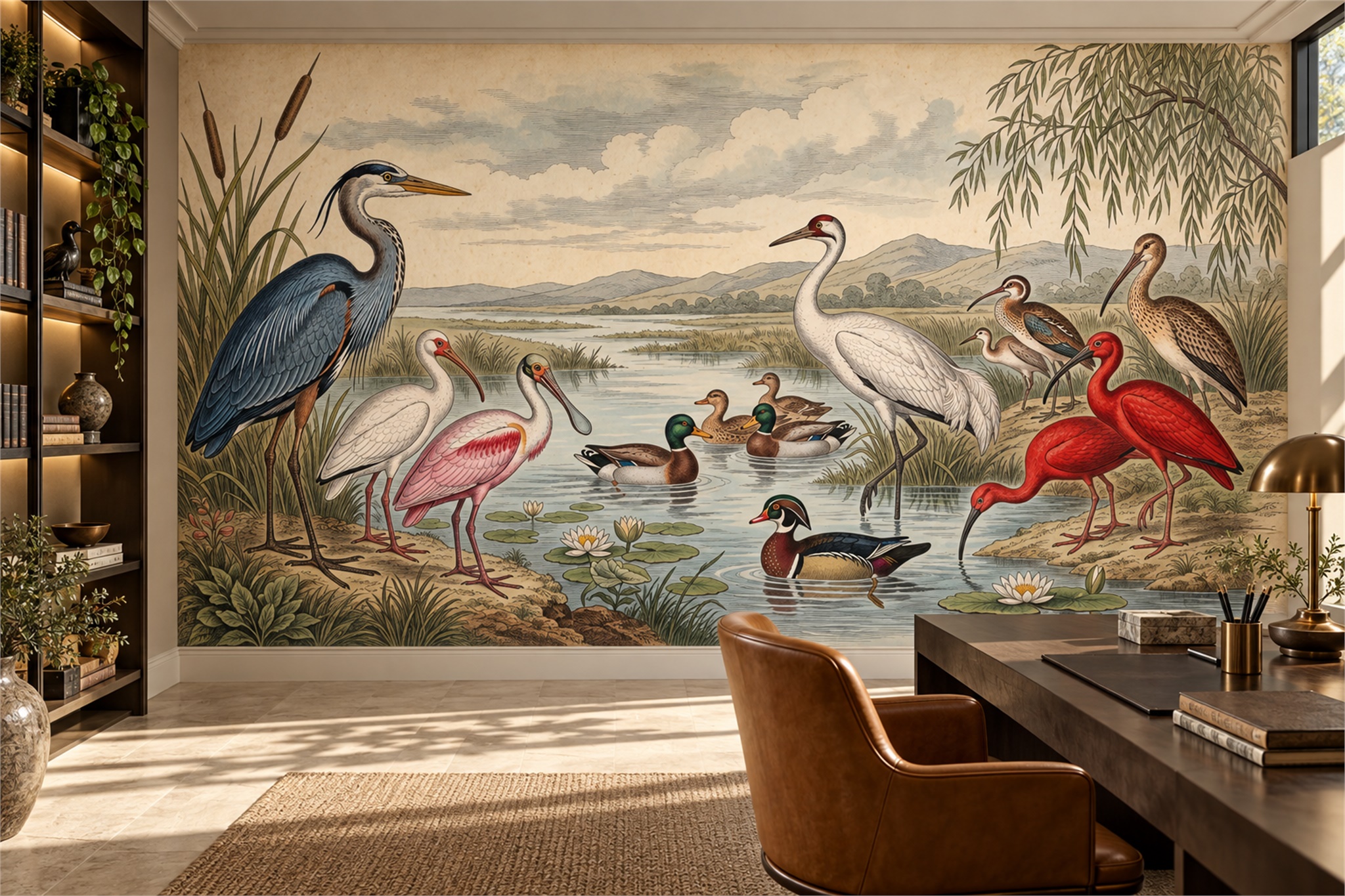 Blue Bird Illustrated Decorative Wallpaper Mural Home-office-wallpaper-murals, Shown In A Home Office, Peel-and-stick Finish