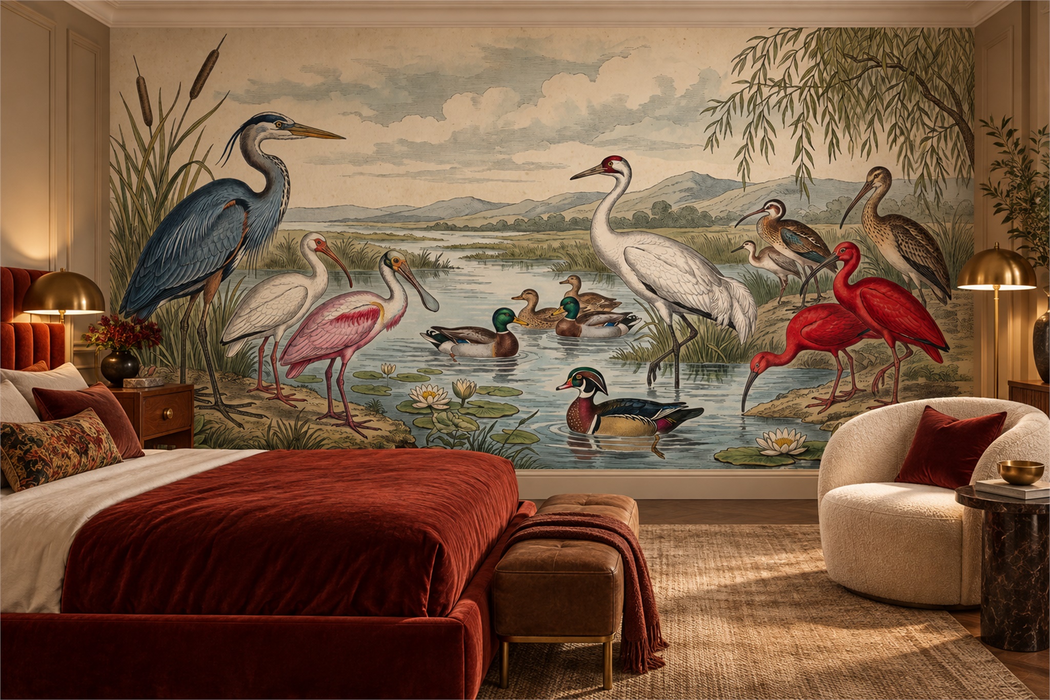 Blue Bird Illustrated Decorative Wallpaper Mural Bedroom-wallpaper-murals, Peel-and-stick Finish