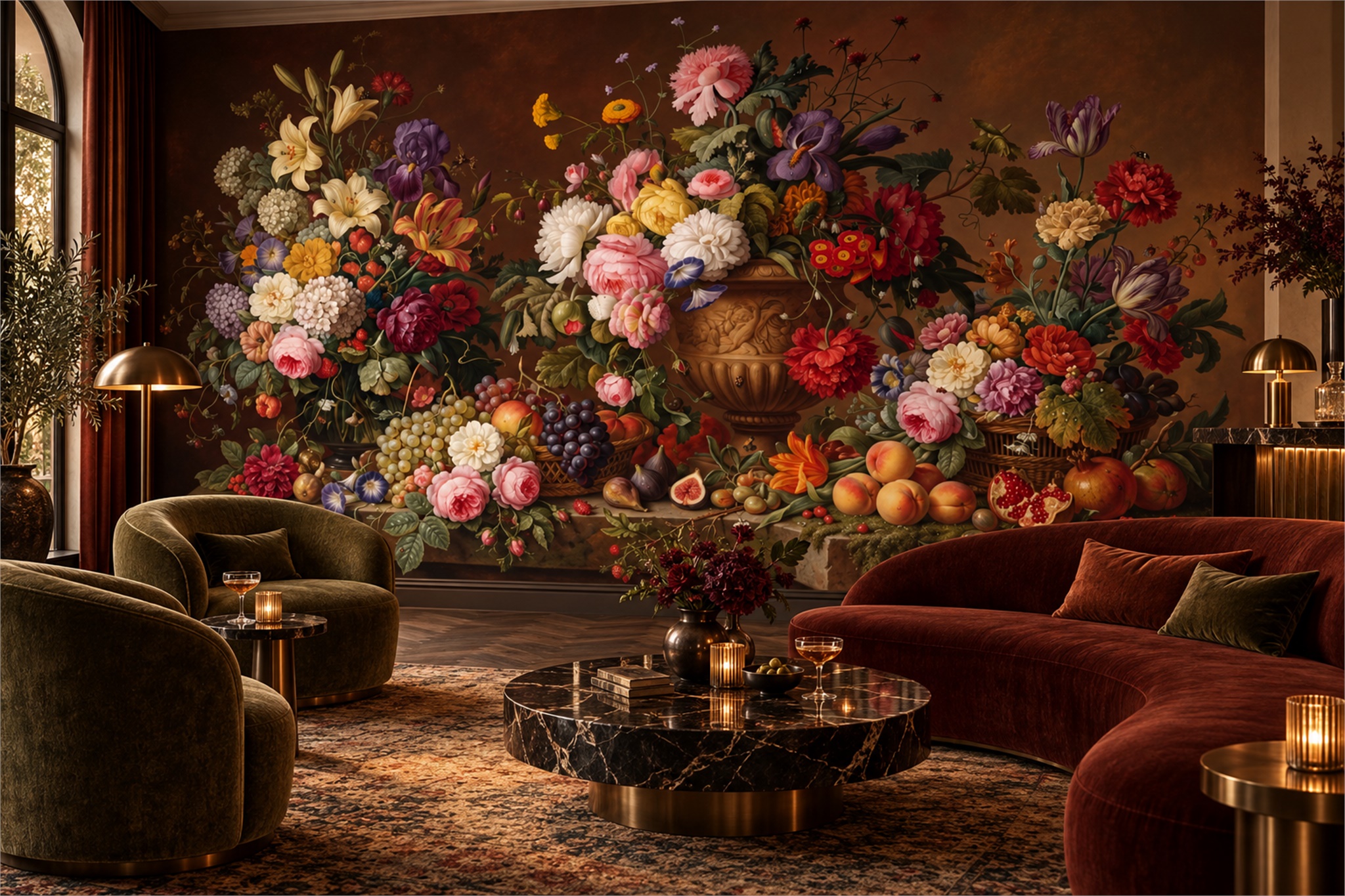 Brown Bouquet Botanical Wallpaper Mural Accent-wall-wallpaper-murals, Peel-and-stick Finish
